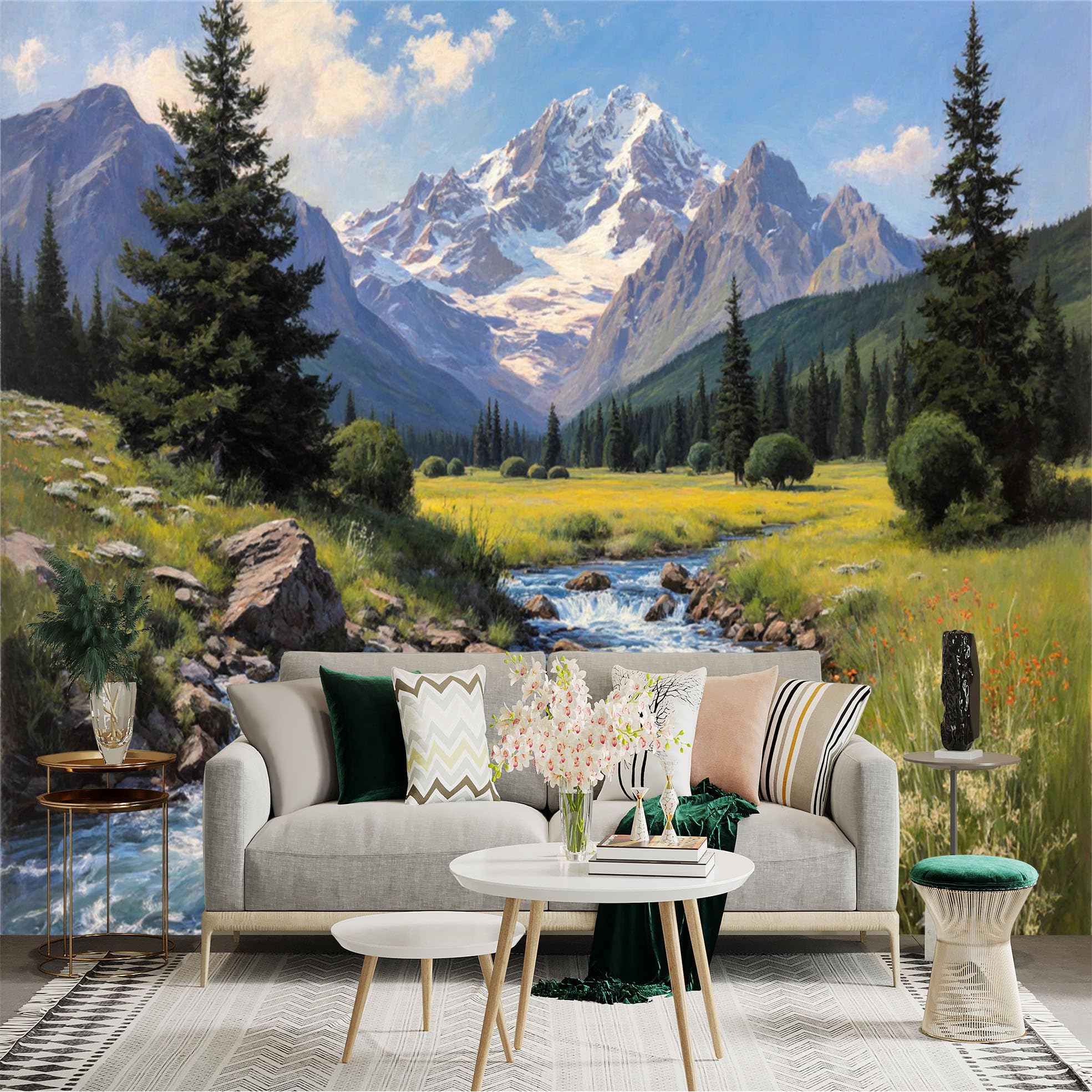 Custom Size Wall Sticker Mural， Snowy Mountain Landscape with River， Pine Trees and Meadow， for wall Decoration， peelandstick wall Decals.