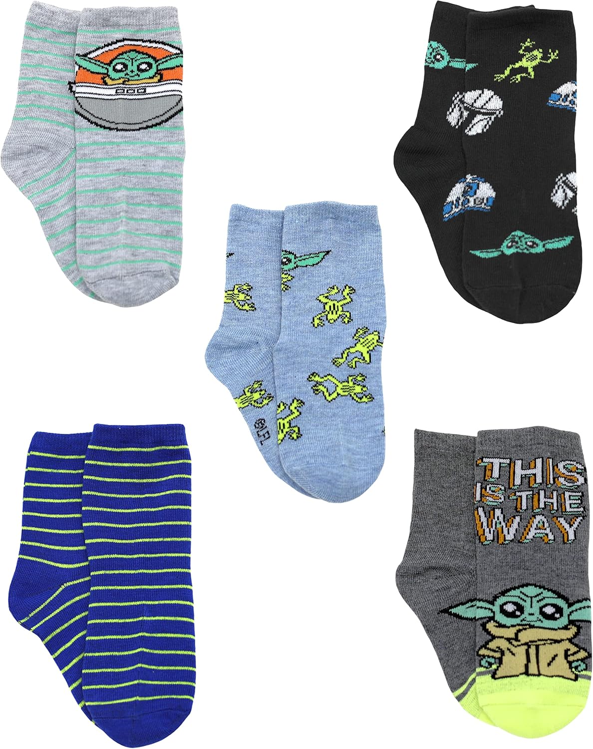 STAR WARS The Mandalorian Baby Yoda Novelty Crew Socks for Boys Multi Pack of 5, Grey, Small