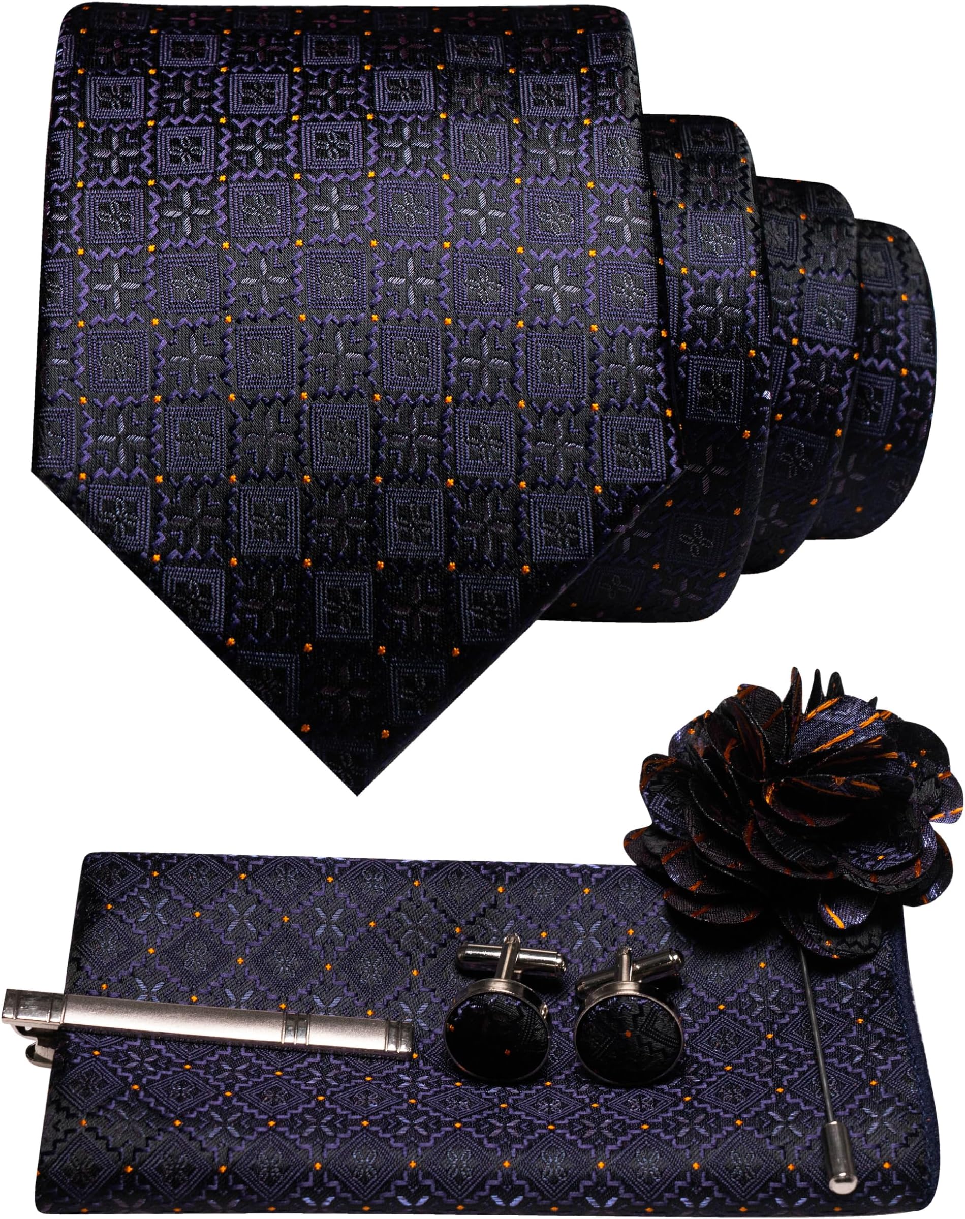 JEMYGINS Mens Tie and Pocket Square,Lapel Pin,Cufflinks,Tie Clip Sets with Gift Box 5PCS