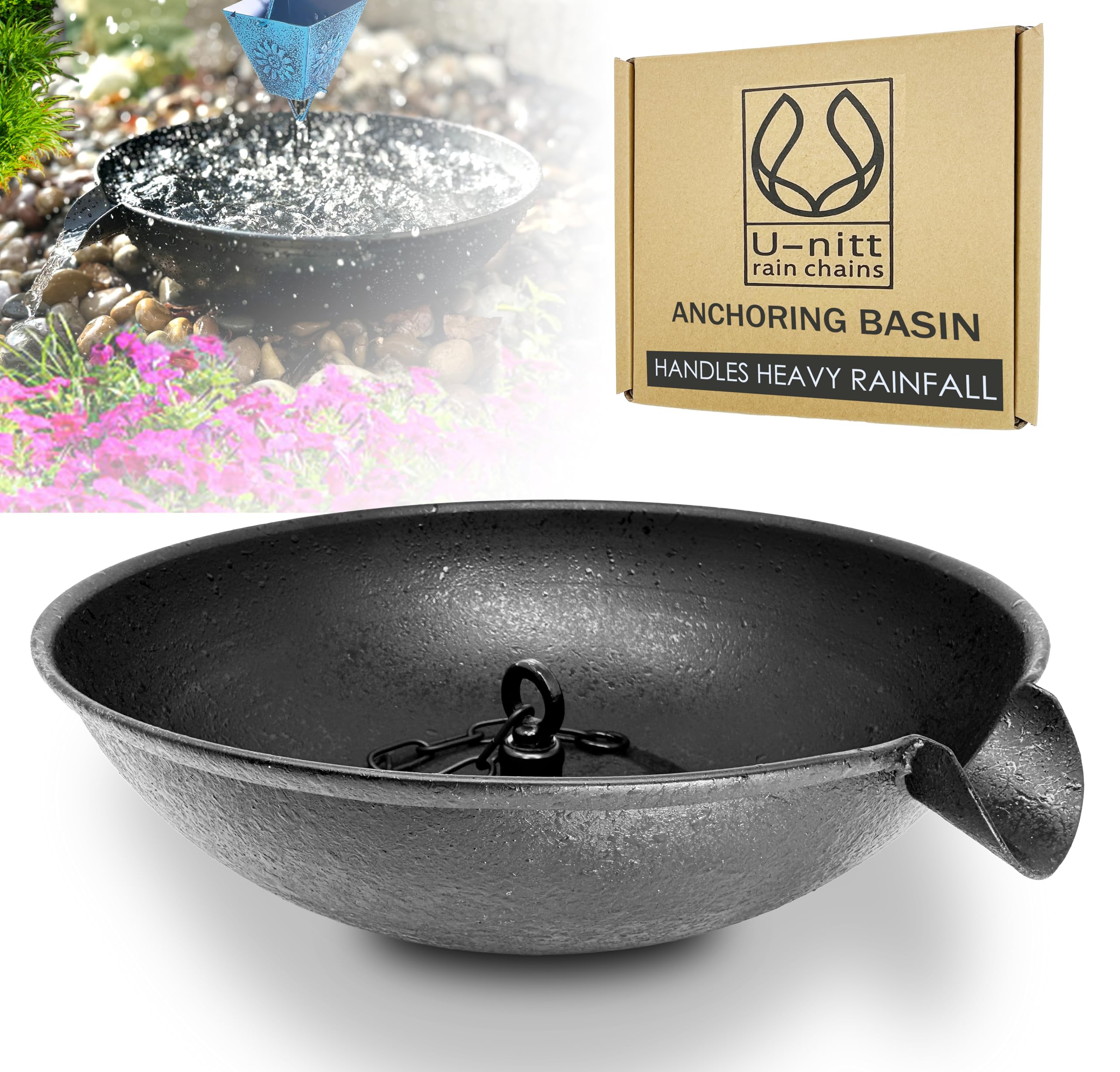 12" Spill Bowl Catch Basin for Rain Chain Anchoring & Stake | Rainwater Collection for Roof Gutter Downspout | Good For Water Fountain & Birdbath | Black | Works with Rainchain | Handles Heavy Rain