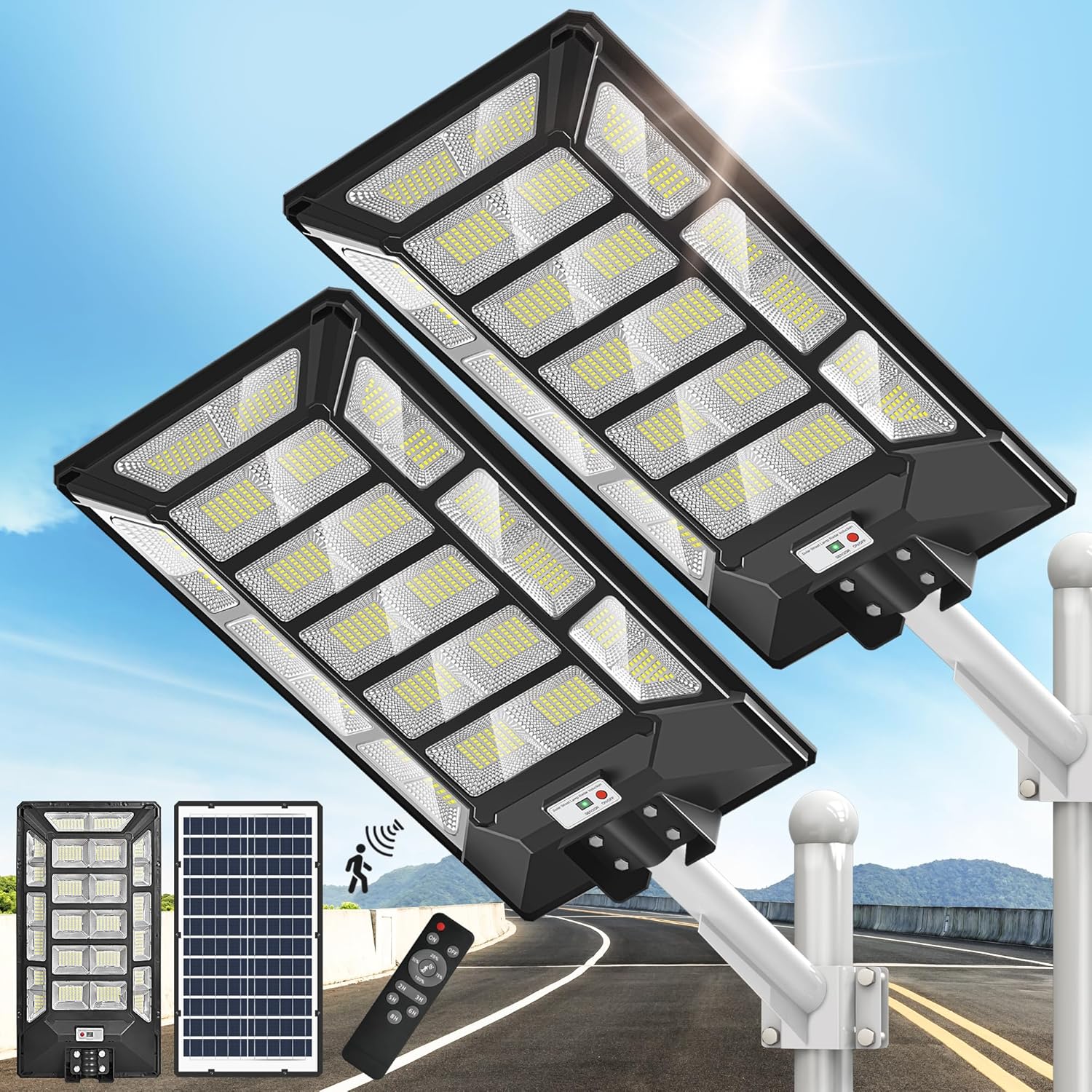 Solar Street Lights Outdoor, 6500W Solar Lights Outdoor Waterproof Dusk to Dawn LED Parking Lot Light Motion Sensor for Yard/Garage/Outside（2Packs