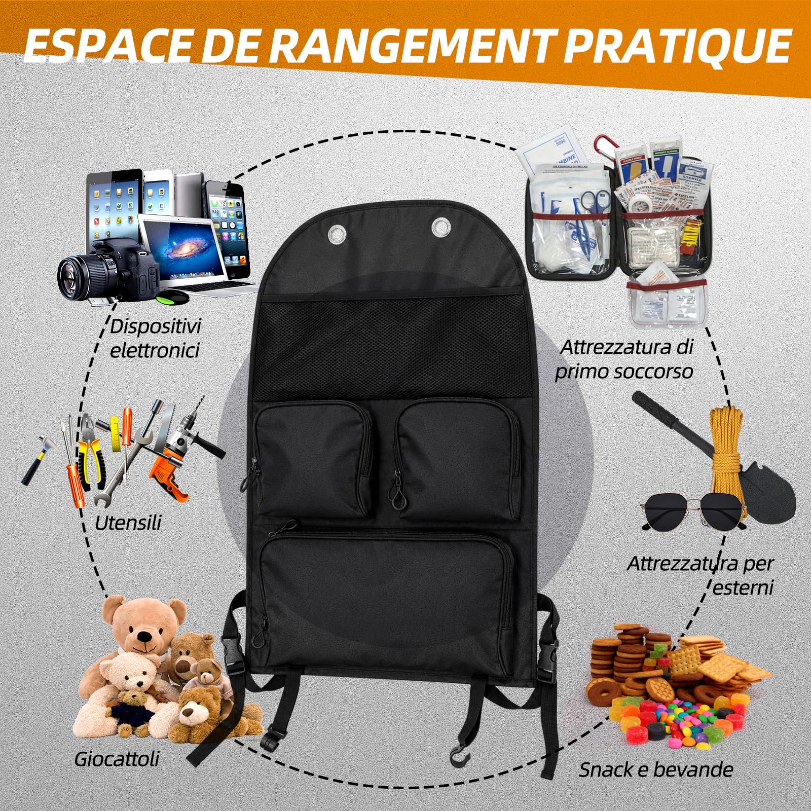 Borsa organizer per sedile singolo – organizzatore per seggiolino auto impermeabile con molti scomparti per VW T5, T6, T6.1 – perfetto per campeggio, viaggi e uso quotidiano