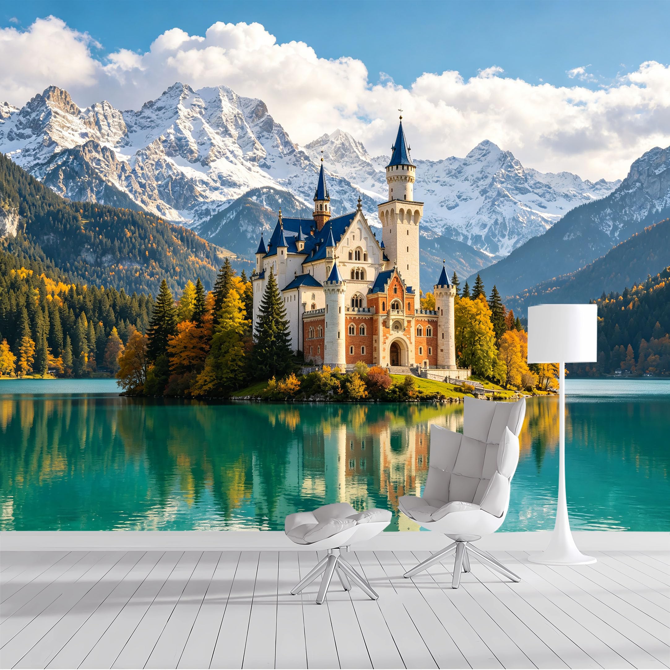 Custom Size Wall Mural Alpine Castle Lake Landscape SelfAdhesive Wall Fabric Removable Peel and Stick Wallpaper Wall Decor for Living Room Bedroom Bathroom