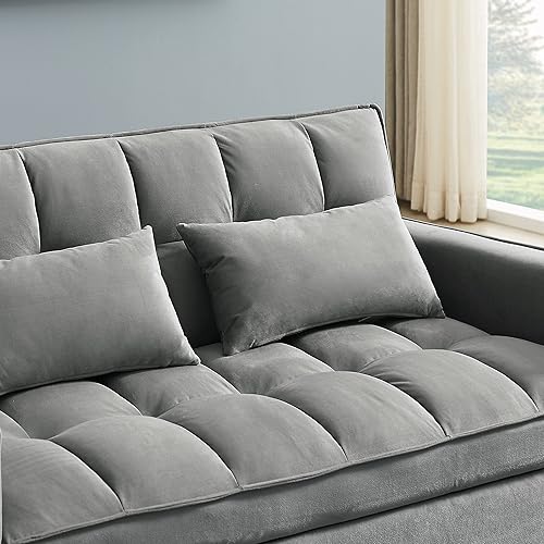 Miniatura 8 de Sofá cama biplaza de terciopelo convertible y moderno con cama desplegable respaldo ajustable y 2 almohadas lumbares para espacios pequeños gris