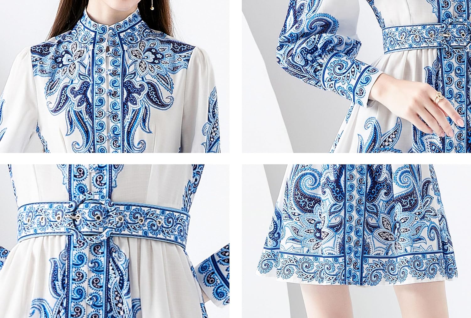 LAI MENG FIVE CATS Women's Floral Print Button up Lantern Sleeve Casual Shirt Dress A-line Mini Dress(Suitable Petite Fit) - Image 6