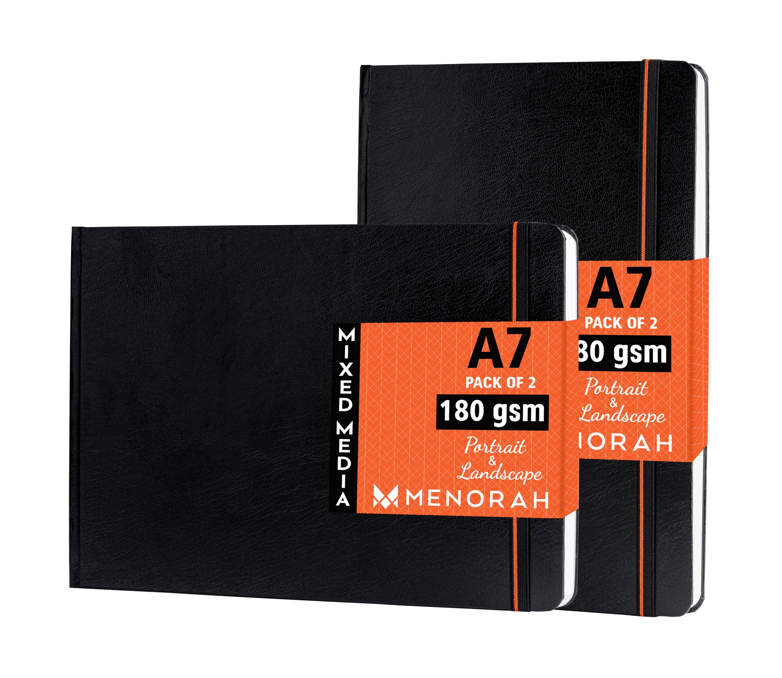 MENORAH Paper - Artist Sketchbook-A7-180gsm - Drawing Notebook, Watercolor, Handmade Hard Bound Notebook -100 Pages / 50 Sheets - Pack of 2 (Landscape & Portrait) - Black