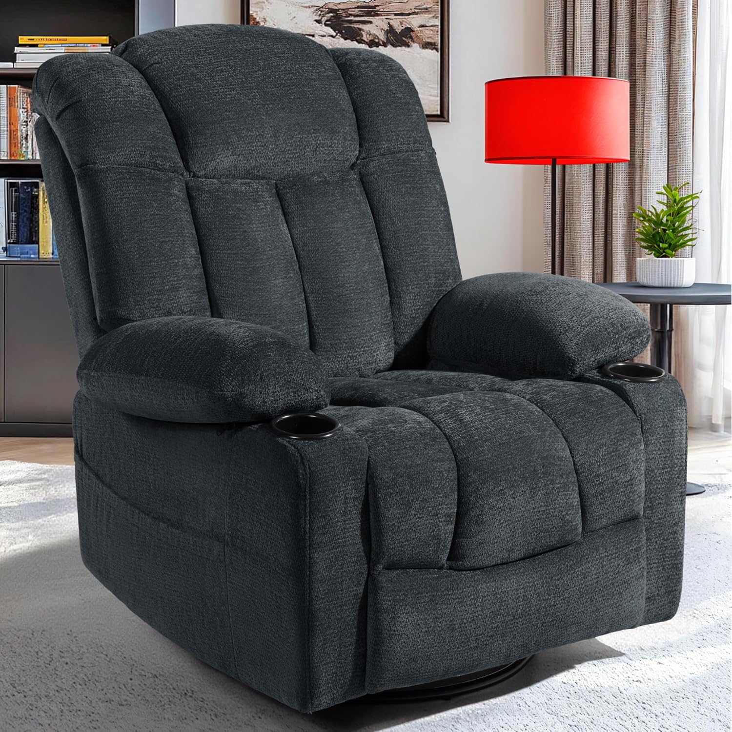 Swivel Rocker Recliner Chair for Adults – Manual Glider Sofa with Massage, Heat & Vibration, 360° Rocking for Living Room or Nursery (Light Brown, 30"x30"x40")