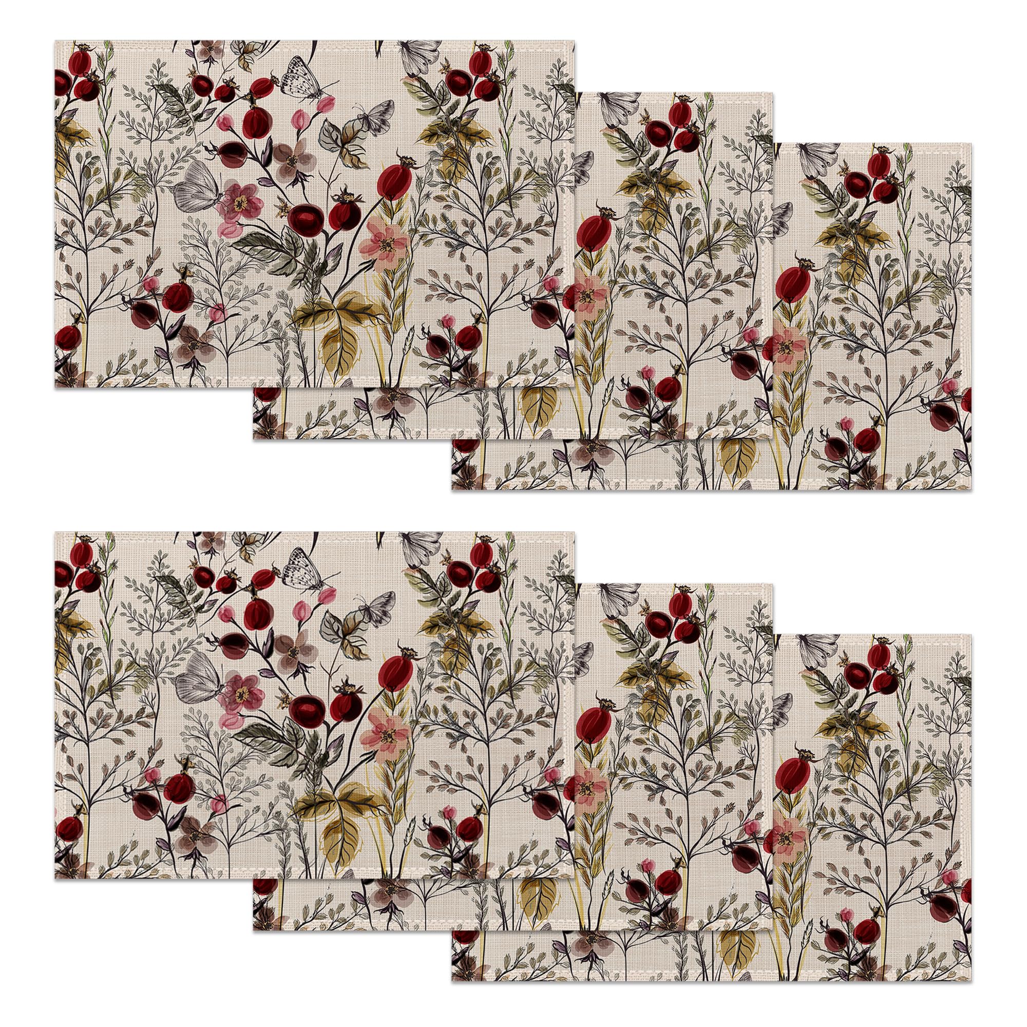 Vintage Flower Set of 6 Placemats,Butterfly Berry Washable Linen Table Mats for Dining Table,Non-Slip Heat Resistant Place Mats for Kitchen,Party or Outdoor Use 12"x18"