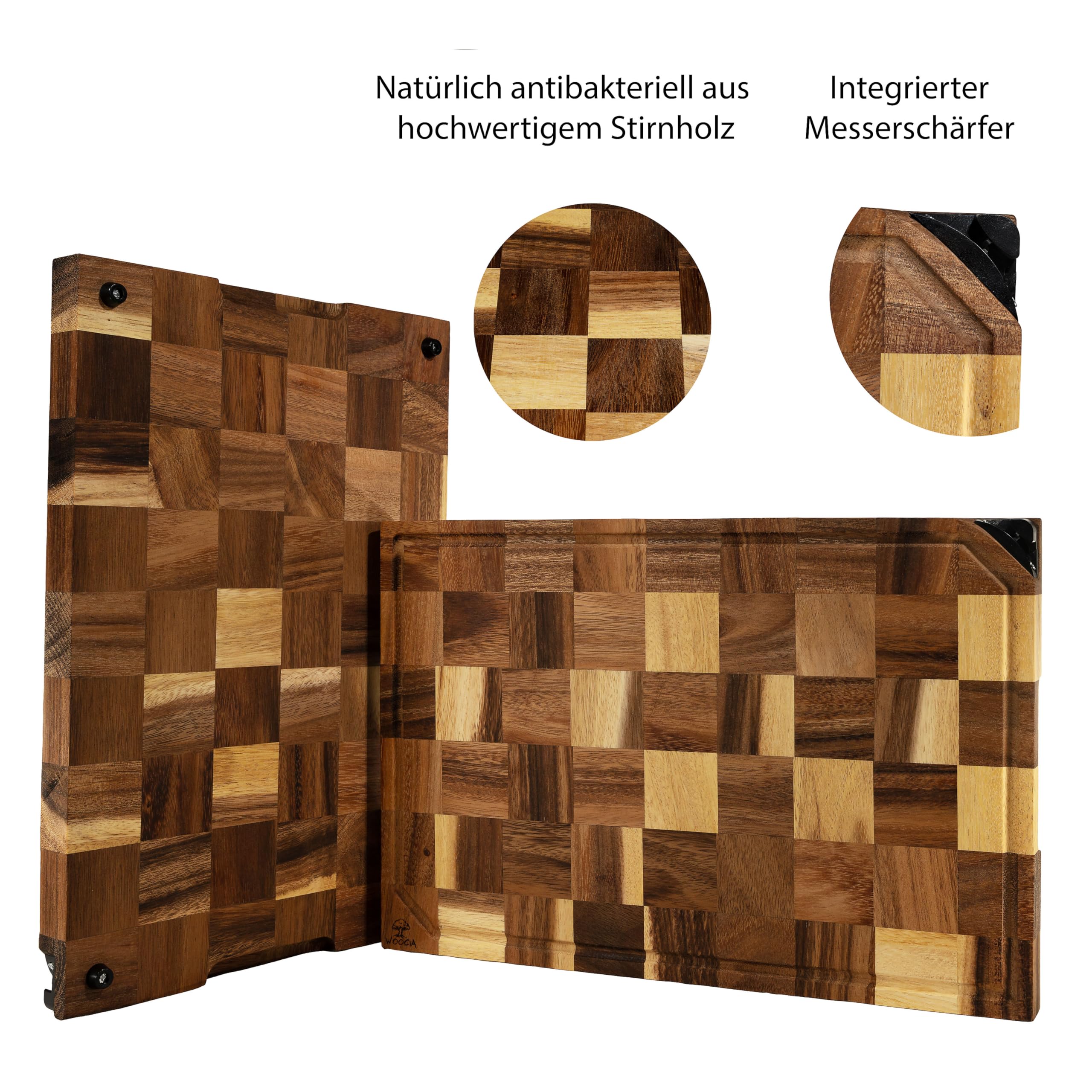 Holzschneidebrett aus massiver Akazie mit integriertem Messerschärfer (45x30x3cm) - Schneidebrett Holz mit einzigartiger Optik durch Stirnholz - Schneidebrett mit durchgehender Saftrille
