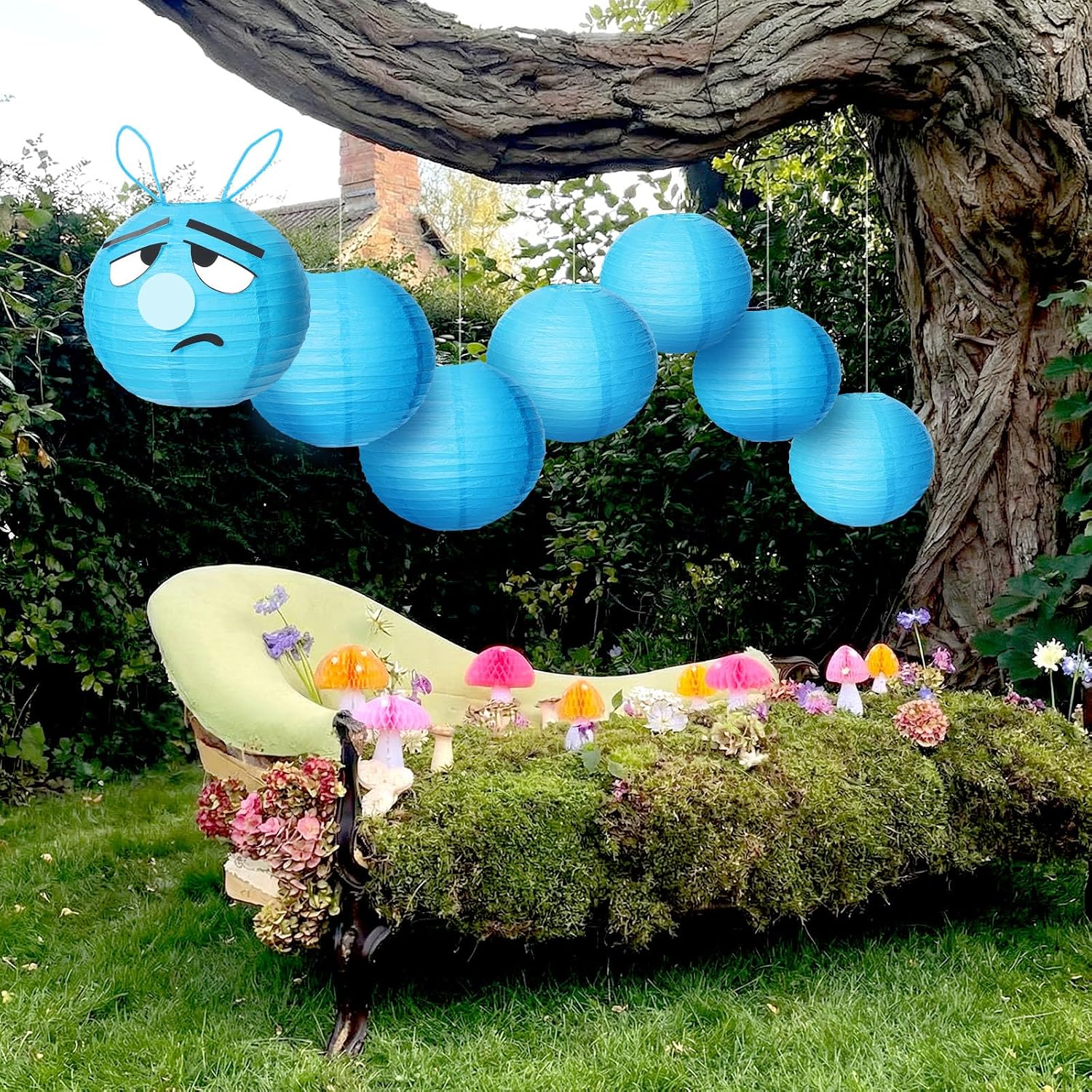 7 Pcs Wonderland Tea Party Decoration Classroom Decor Blue Caterpillar Paper Lanterns Wonderland Party Ceiling Hanging Decoration 12" Paper Lantern Back to School for Baby Shower Birthday Photo Booth