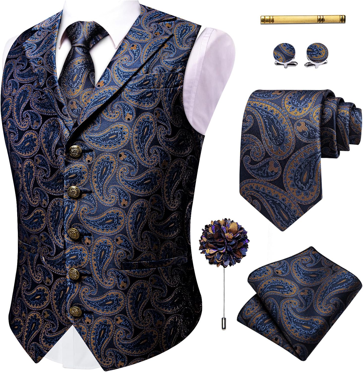 YourTies Mens Vest Tie Set Shawl Collar Silk Paisley Formal Waistcoat Hanky Cufflinks Clip Lapel Pin Wedding Party