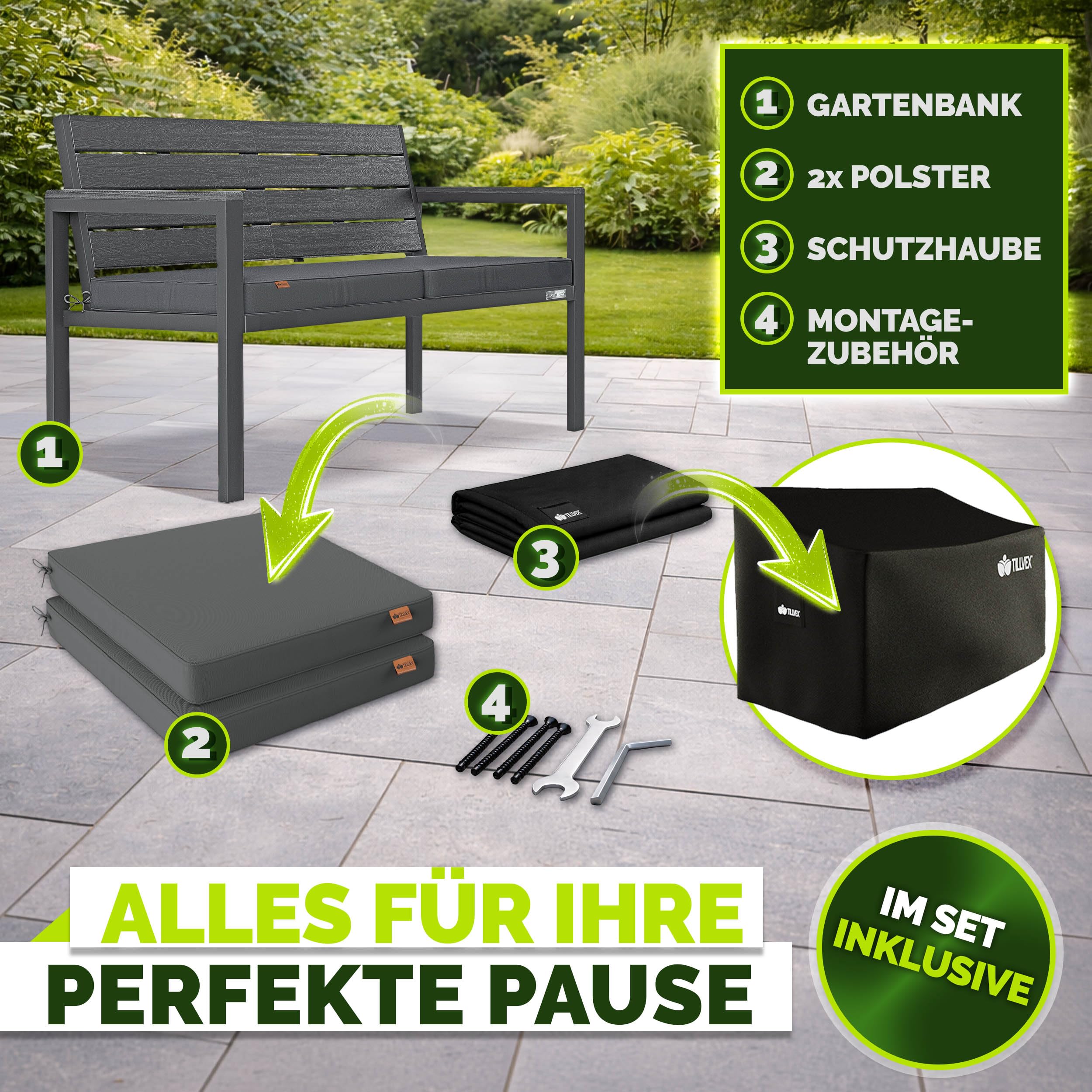 tillvex® Gartenbank Wetterfest 2-3 Sitzer mit Abdeckung & Kissen | Parkbank in Holzoptik bis 300kg belastbar UV-beständig | Sitzbank Garten Terrasse Balkon mit waschbarem Bezug