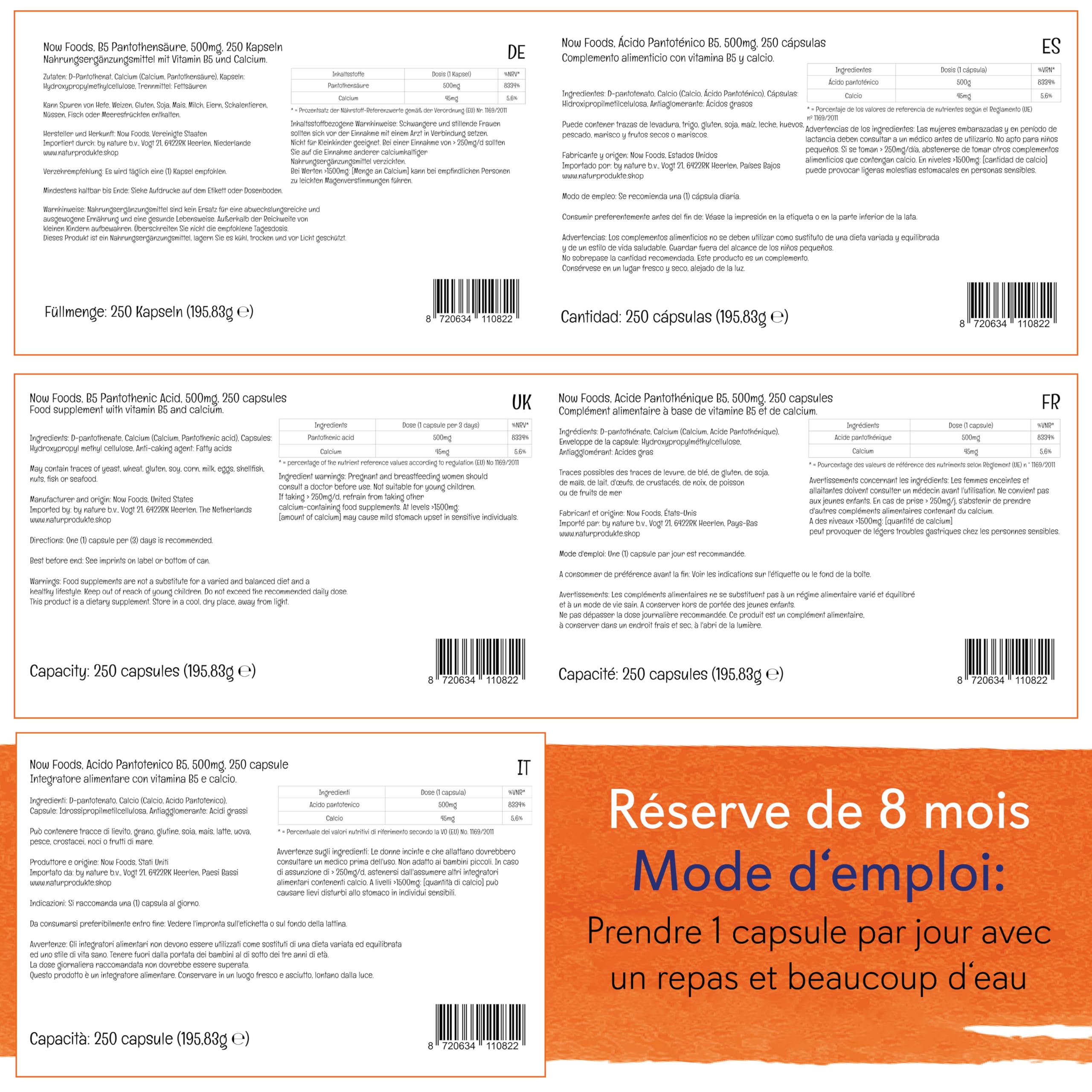 Now Foods, Pantothenic Acid (Acide Pantothénique), 500 mg, 250 Gélules végétales, Testé en Laboratoire, Vitamine B5, Haute Dose, Sans Gluten, Sans Soja, Végétarien