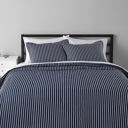Amazon Basics Lightweight Microfiber Bed-in-a-Bag Comforter 7-Piece Bedding Set, Full/Queen, Navy Pinstripe, Striped