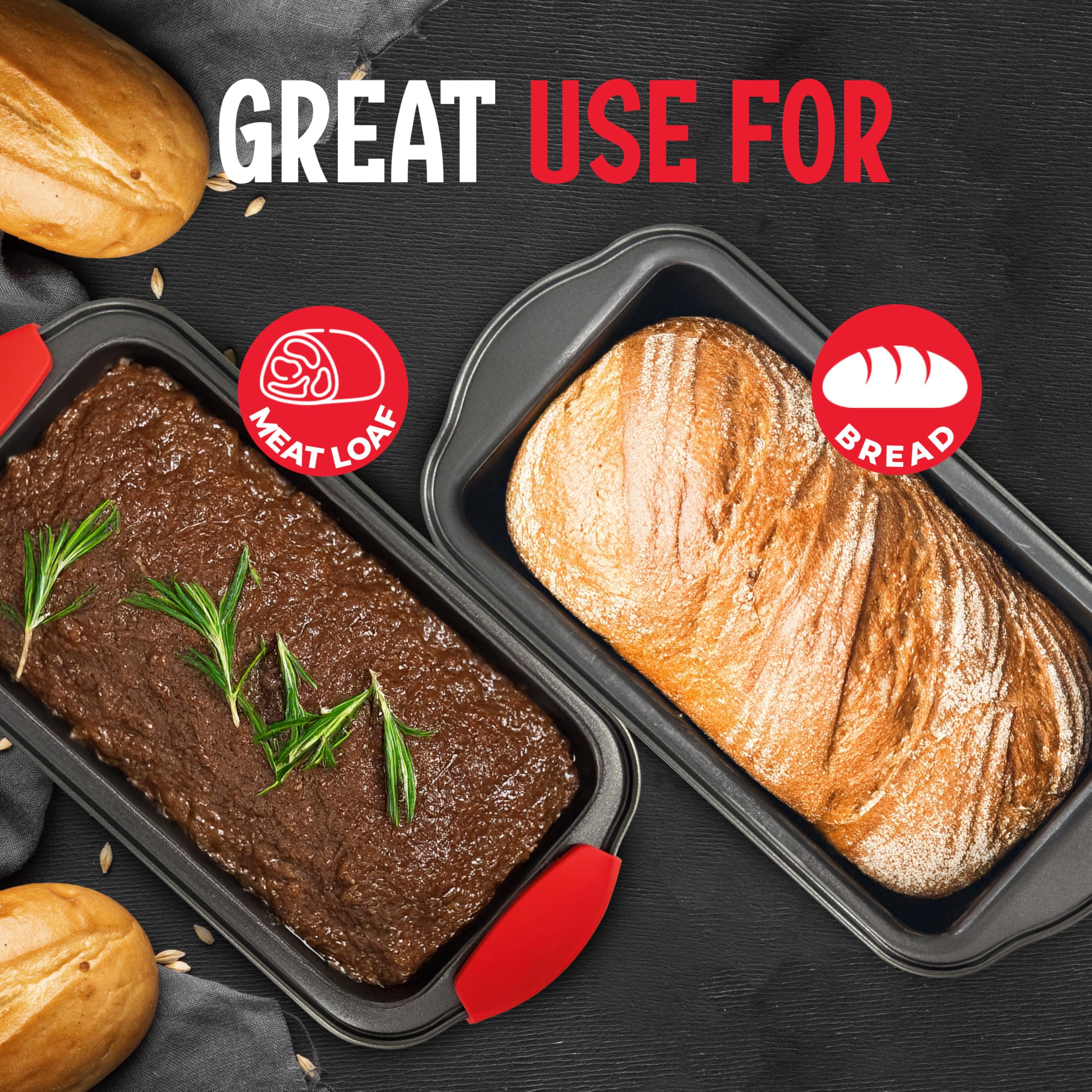 PERLLI Antihaftbeschichtete Hackbratenform mit Tropfschaleneinsatz – Hartstahl-Backgeschirr mit Silikongriffen – ideal zum Backen von Brot, Kuchen und Braten von Fleisch im Ofen – 2-teiliges Set