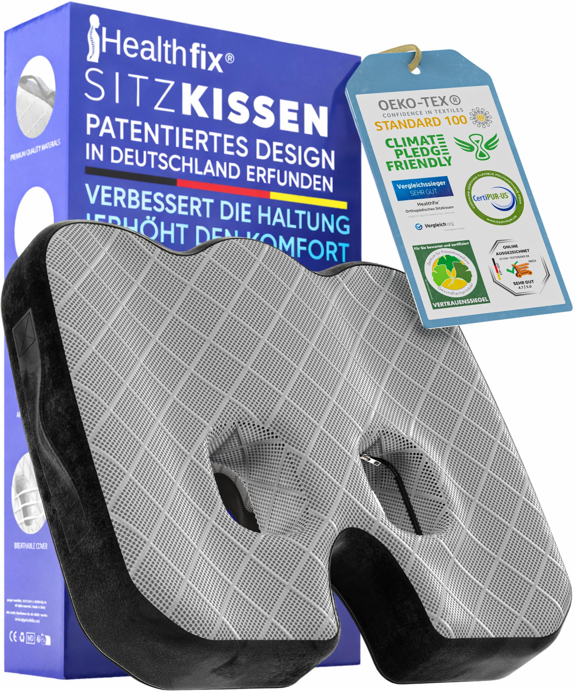 Healthfix® Orthopädisches Sitzkissen – Memory Foam für Büro, Auto & Co. – Fest (85-135 KG)