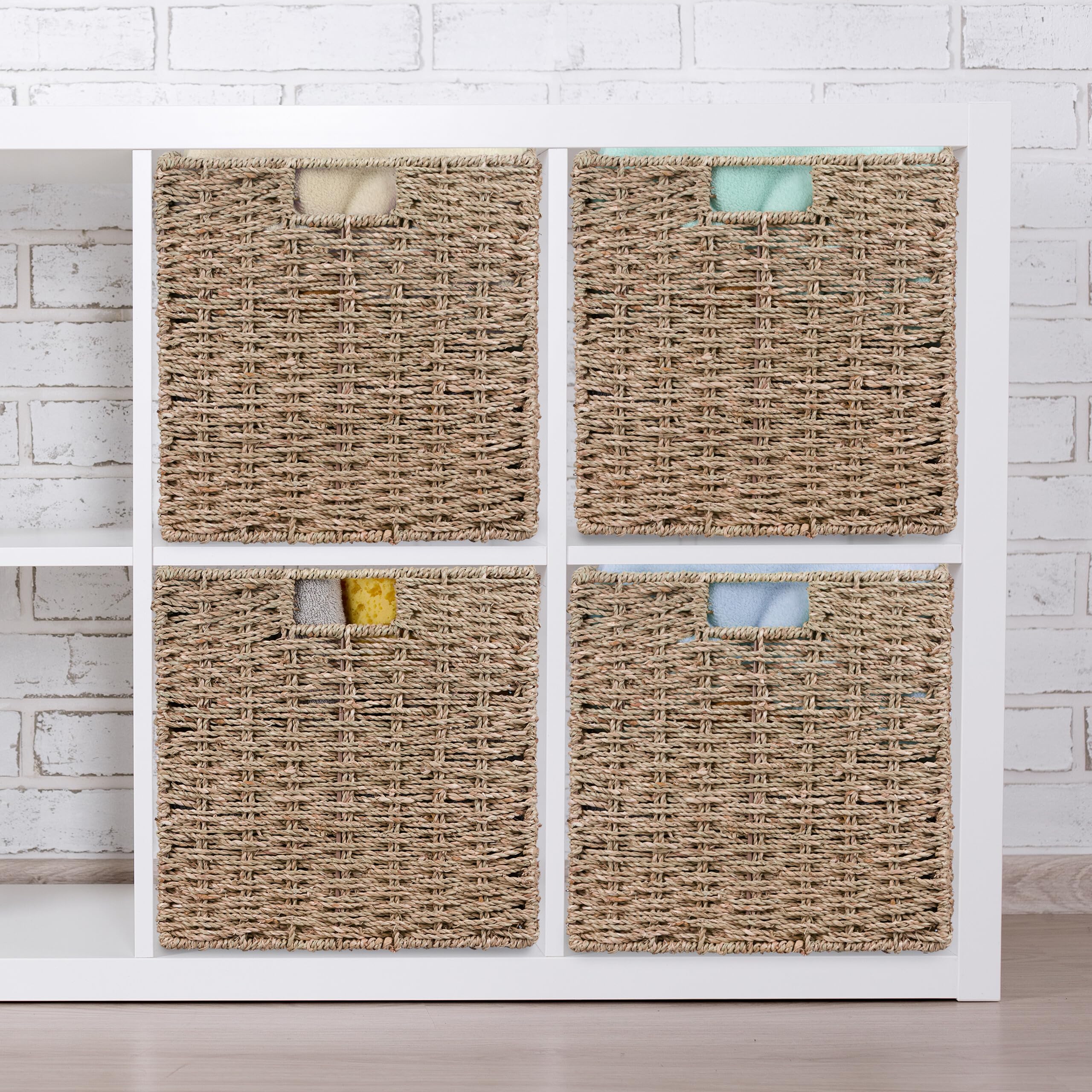 Relaxdays Set 4 Cesti Intrecciati Portaoggetti in Seagrass, 30x30x30cm, Scatola da Scaffale Cubo, Stile Vimini, Naturale