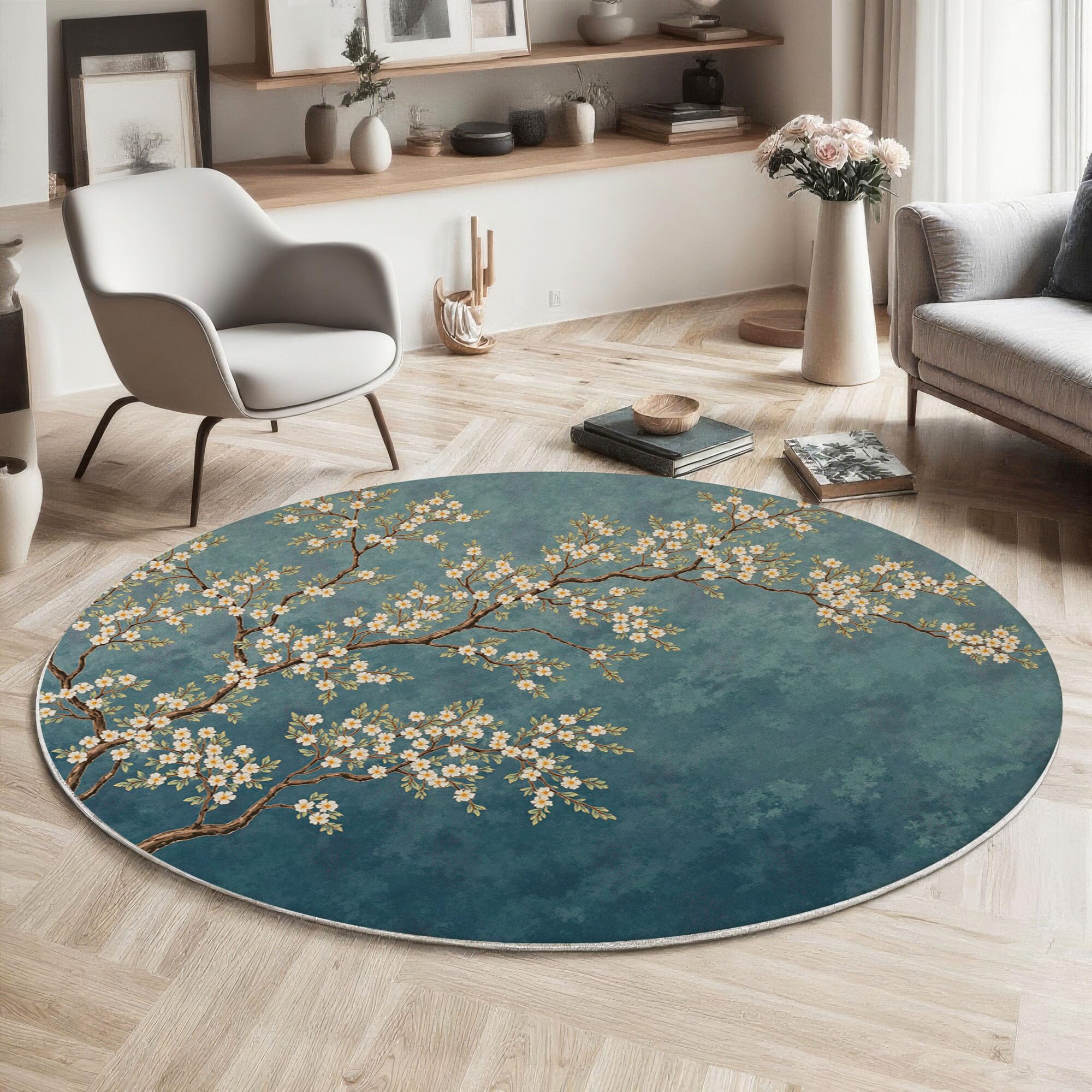 Tapis rond à poils courts turquoise traditionnel grand 180cm