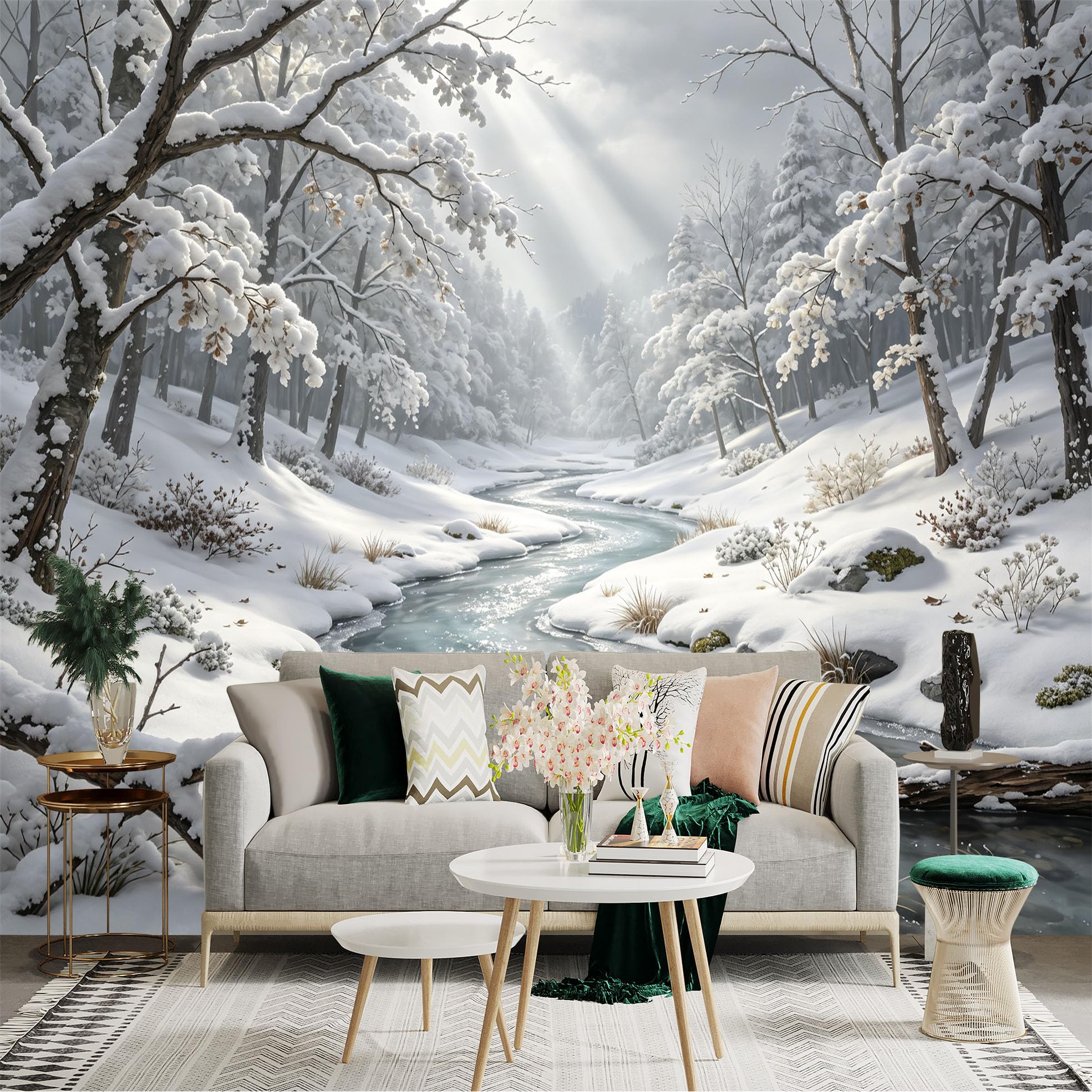 Lnzczhyre Bh260719611 Custom Size Wall Sticker Mural， Snowy Forest Landscape， Frozen River， Winter Sunshine， Serene Nature Scenery， For Wall Decoration， Peelandstick Wall Decals.