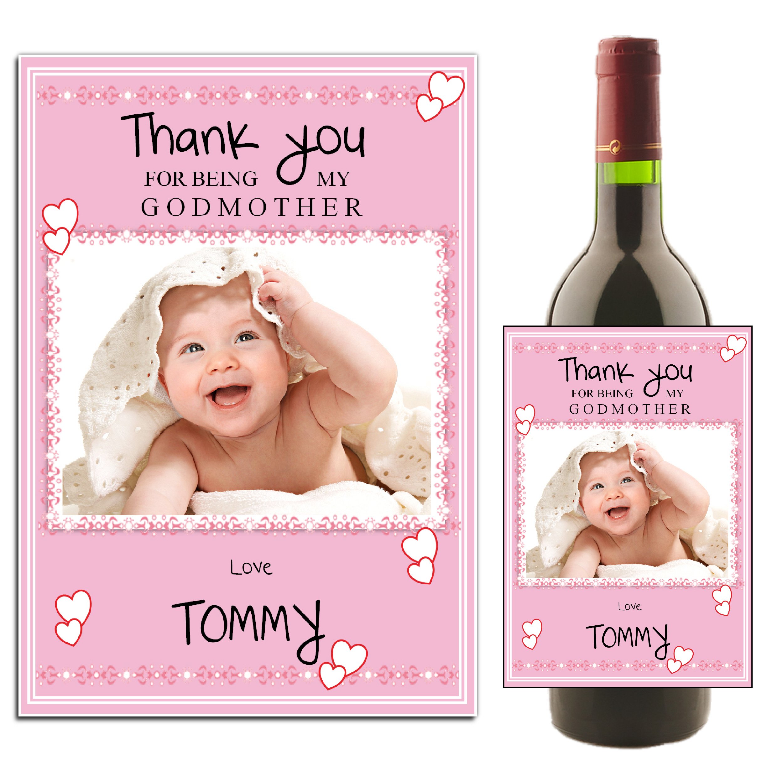 Personalised Wine/Champagne Bottle Photo Label ~ Christening Baptism Godmother Thank You Gift Idea N27