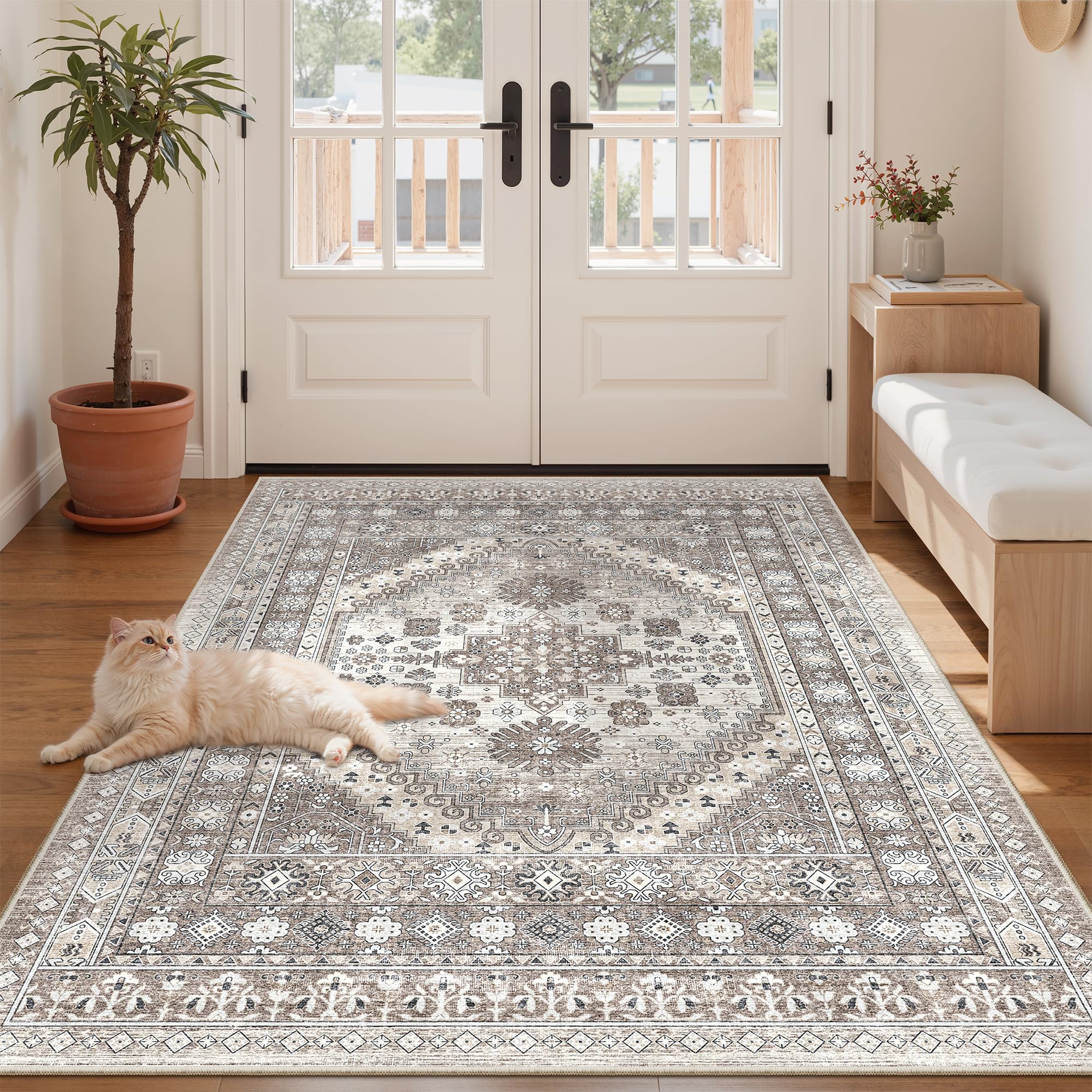 zesthome Alfombra de área de 3 x 5 pies, ultrasuave, lavable, antideslizante, resistente a las manchas, para sala de estar, dormitorio, decoración vintage del hogar (marrón/beige, 3 x 5 pies)