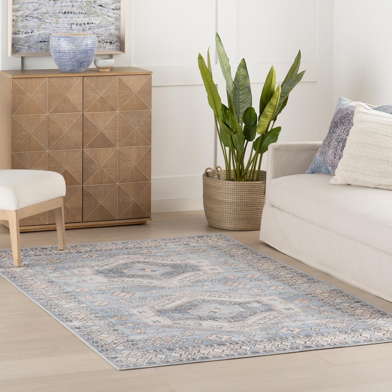 Nuloom Benoite Medallion 3' x 5' Machine Washable Accent Rug for Living Room Bedroom Dining Room Entryway, Light Blue