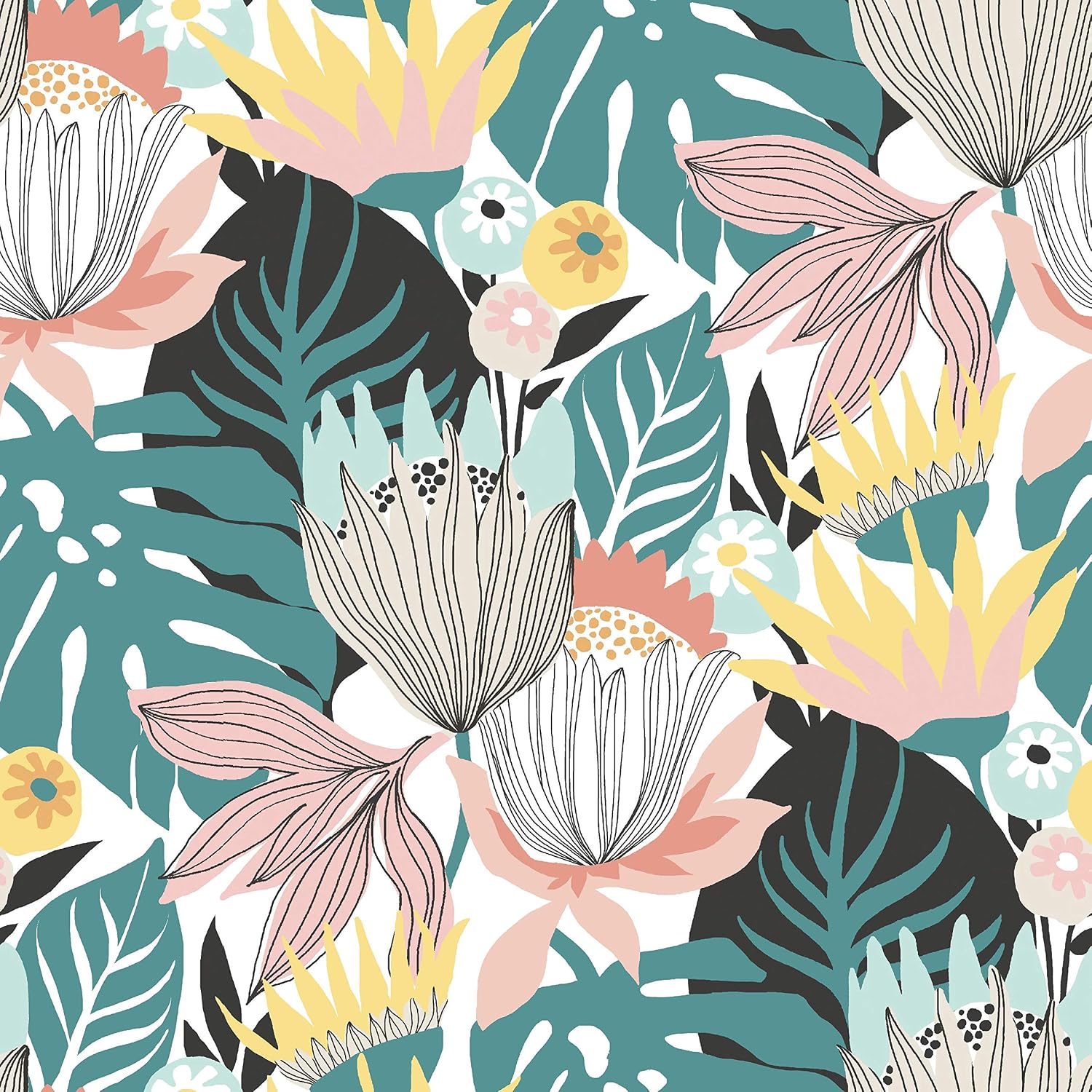 RoomMates RMK11488RL Retro Tropical Leaves Gray and Beige Peel and Stick Wallpaper