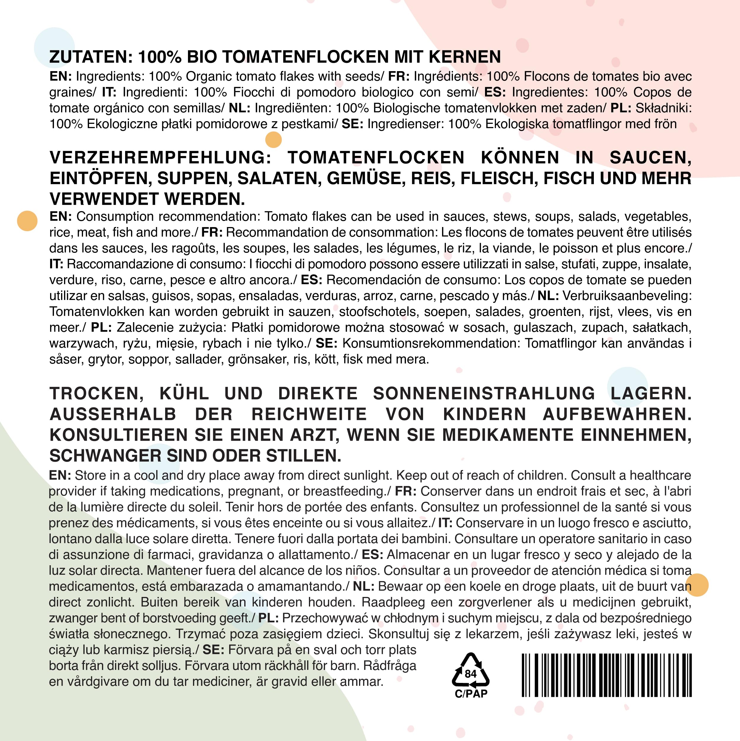 IDDA Herbal Copos de Tomate Orgánicos 500g, Trozos de Tomate, Tomates Secos Triturados para Cocinar
