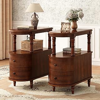 PADMA HOUSE Set of 2 Solid Wood End Table with 2 Drawers, Narrow Sofa Side Table Slim Chair Side Table with Storage Shelf, Vintage Slim Nightstand Bedside Table, Cherry Walnut,BG-A508-CY
