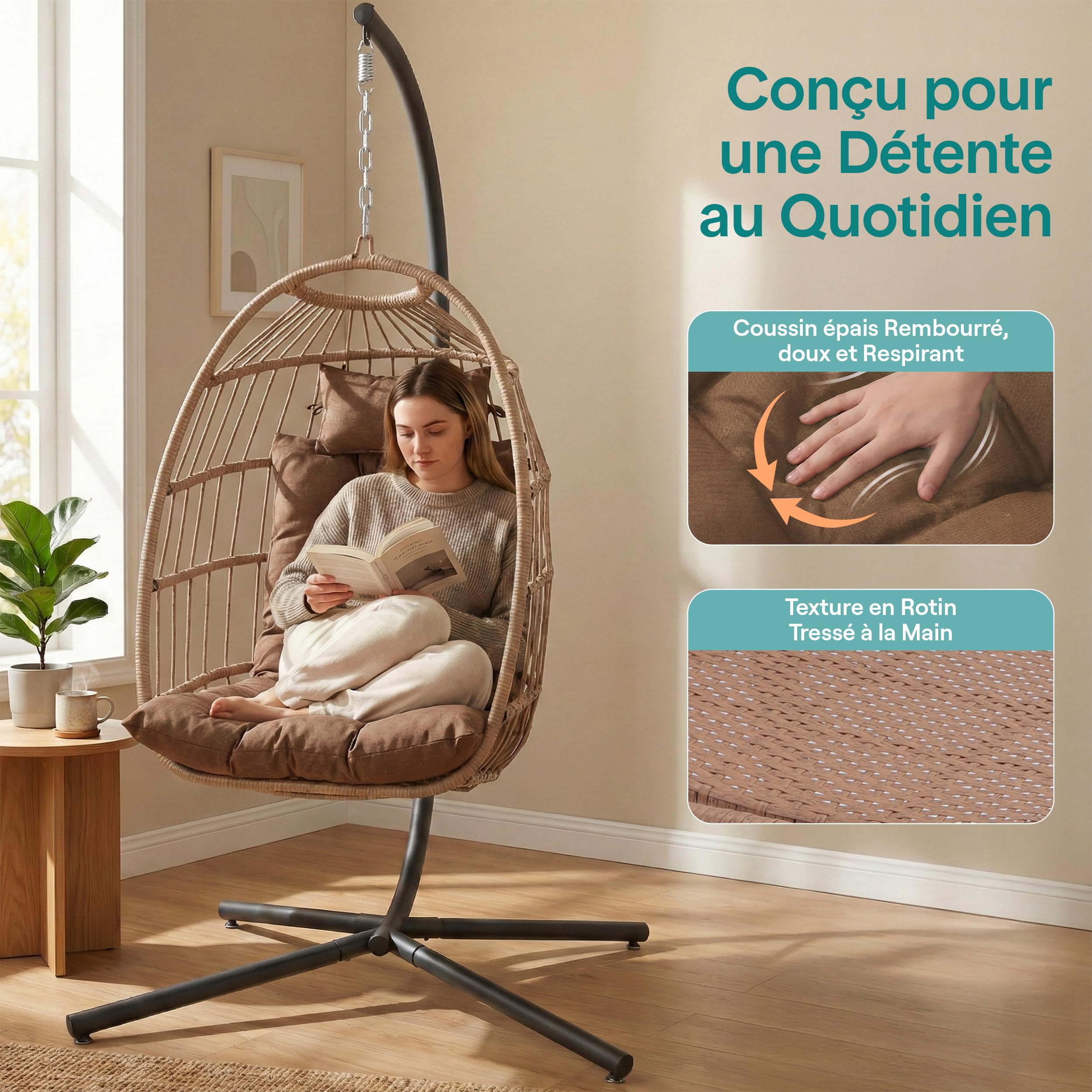 SereneLife Fauteuil Oeuf Suspendu avec Support – Rotin Tressé Pliable, Coussin Imperméable, Appui-Tête Confort pour Patio, Chambre, Véranda, Jardin, Marron