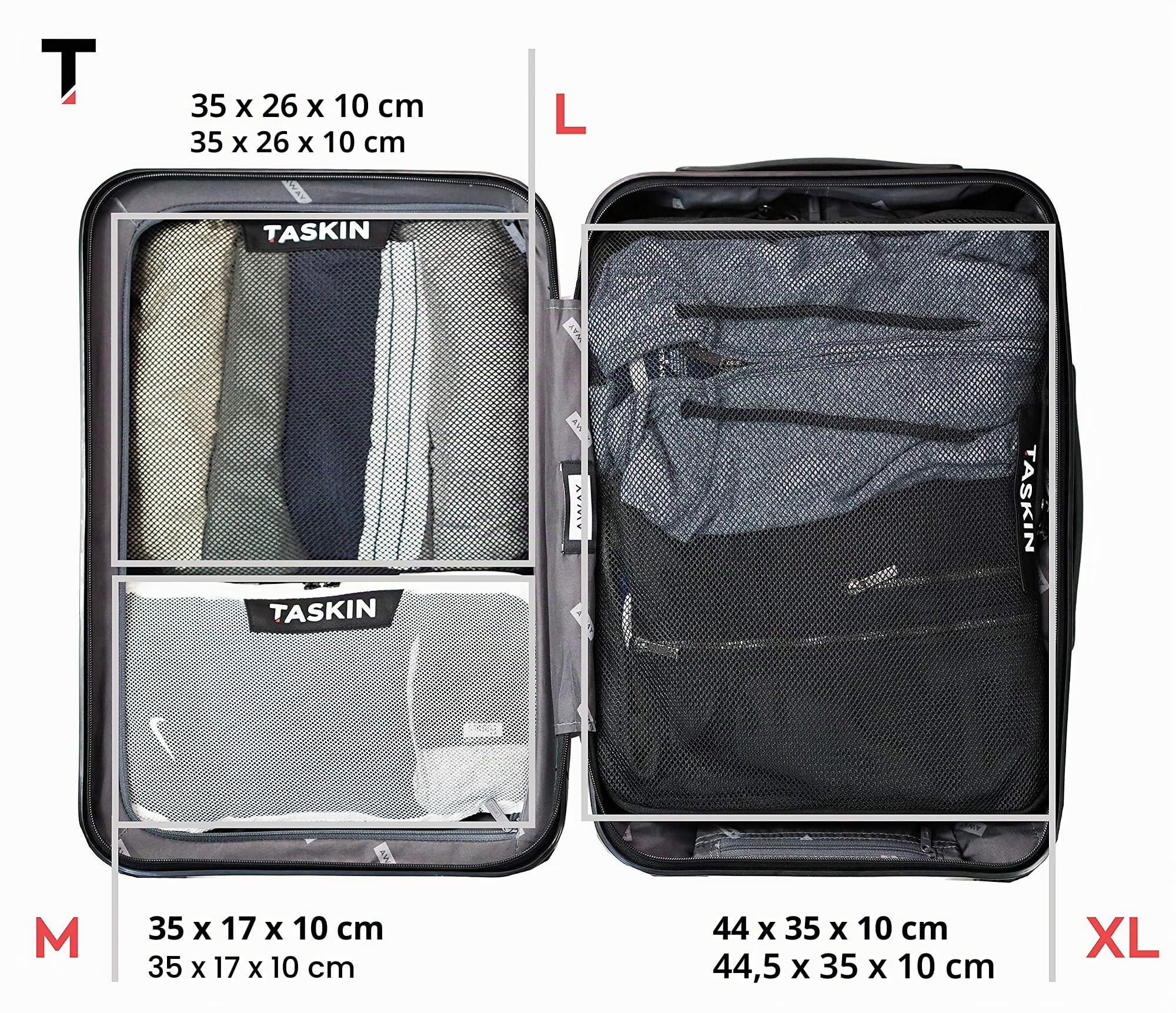 Kompressions-Verpackungswürfel | Dreifach-Reißverschluss | separate saubere und schmutzige Fächer mit flexiblen Trennwänden | YKK-Reißverschlüsse