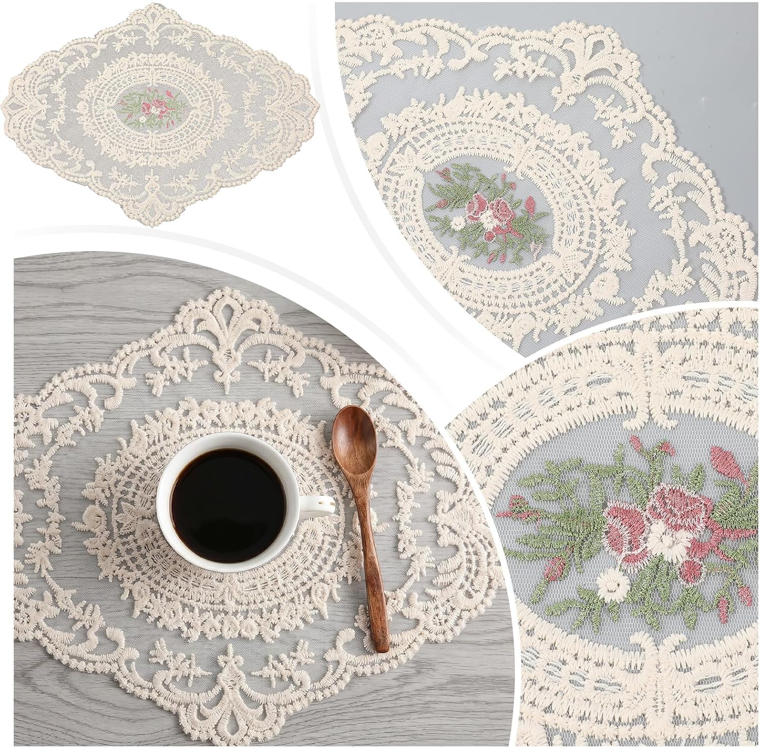 Nogeqi 3 Pcs Lace Doilies, Vintage Crochet Doilies for Tables, 3 Styles Retro Lace Placemats, Flower Crochet Coasters for Tea Party Cup Mat Dining Room Wedding Cup Vase Desserts Decoration
