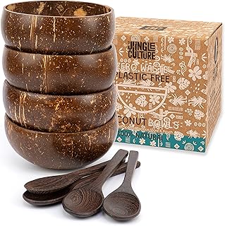 Jungle Culture 4 Polished Coconut Bowl and Wooden Spoons Set with Bamboo...