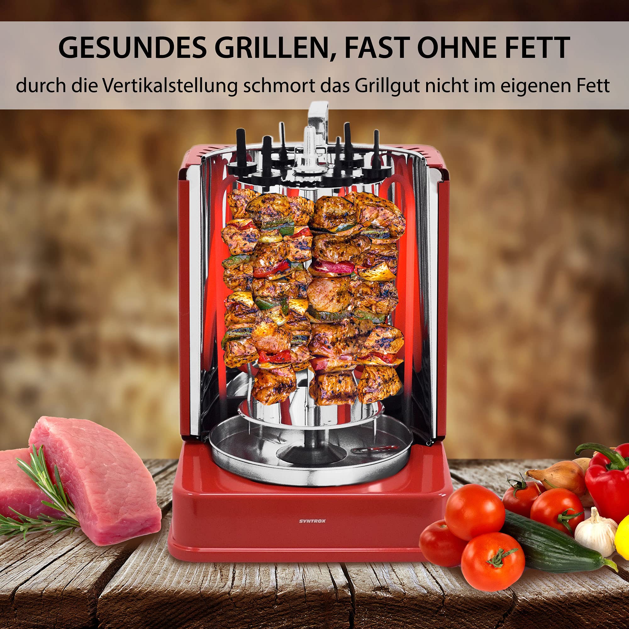 Syntrox Germany Vertikal-Multigrill Dönergrill Gyrosgrill Schaschlikgrill Rotisserie Hähnchengrill ROT-A-1400W-RED-Badajoz