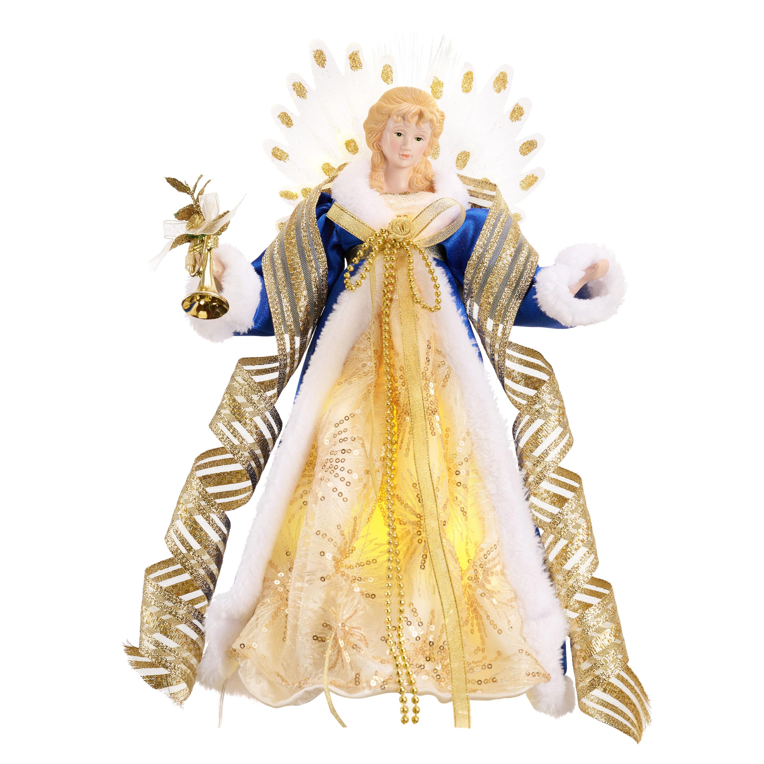 Valery Madelyn 12 Inch Lighted Christmas Angel Tree Topper, Blue Gold Angel Tree Top Figurine with 2 Warm LED Lights for Christmas Tree Decoration, Battery Operated