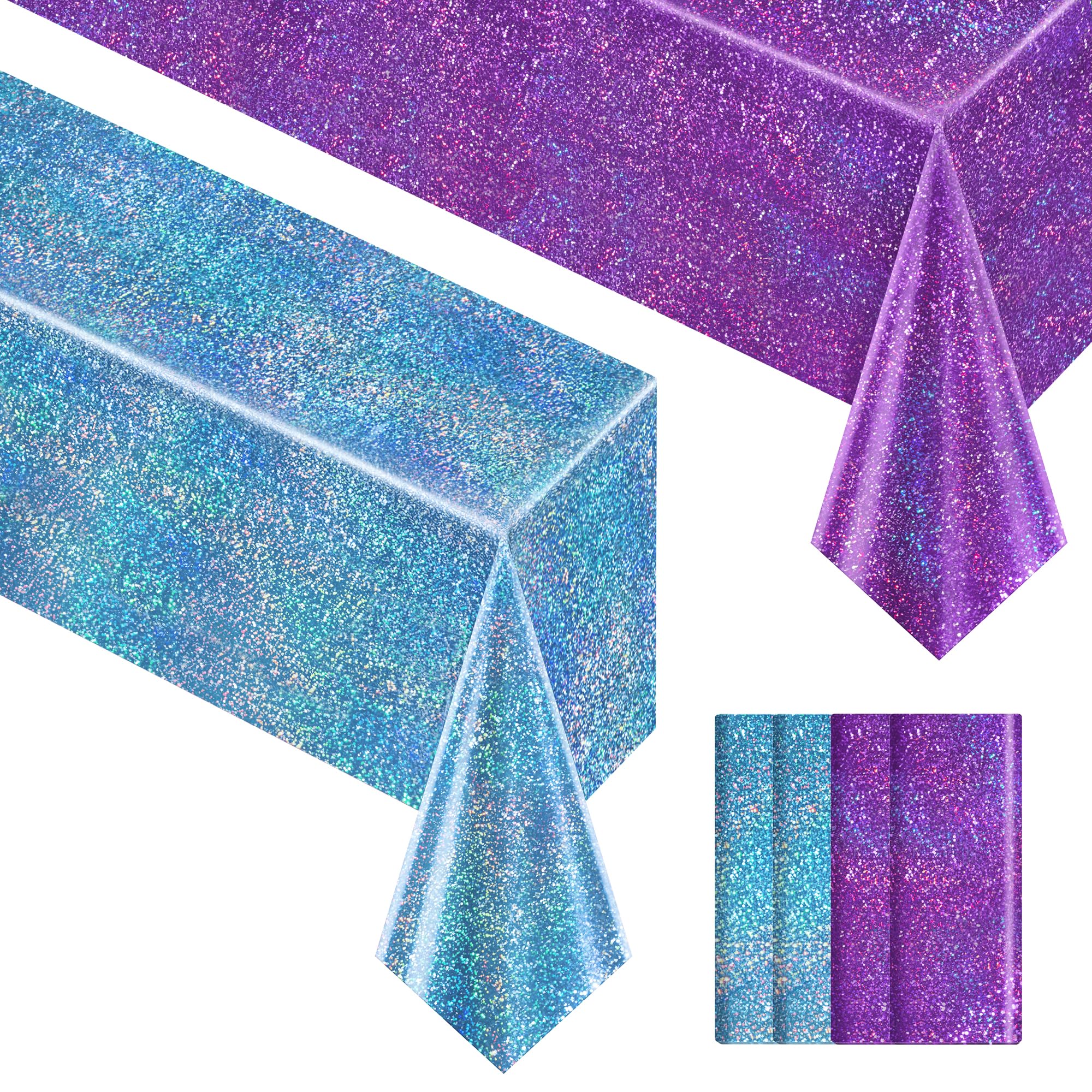 Just Shimmer 4 Pieces Light Blue &amp; Purple Holographic Tablecloth 40" x 108" Party Decoration Birthday Party Table Decor Iridescence Plastic Table Cloth for Halloween Bachelorette Supplies