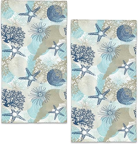 BIGXIUKA Coastal Beach - Juego de 2 toallas de mano de playa con diseño de estrella de mar y coral, toallas de baño suaves decorativas para baño,