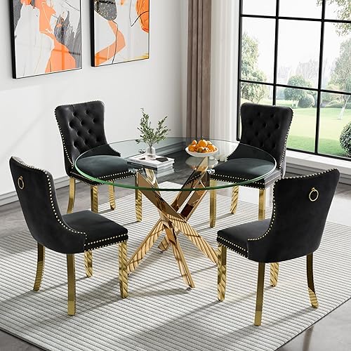 Vista 49 de Juego de comedor cuadrado moderno dorado de 36 pulgadas, mesa de cristal de 5 piezas y 4 sillas tapizadas de terciopelo Mesa y 4 Sillas Beige,Mesa