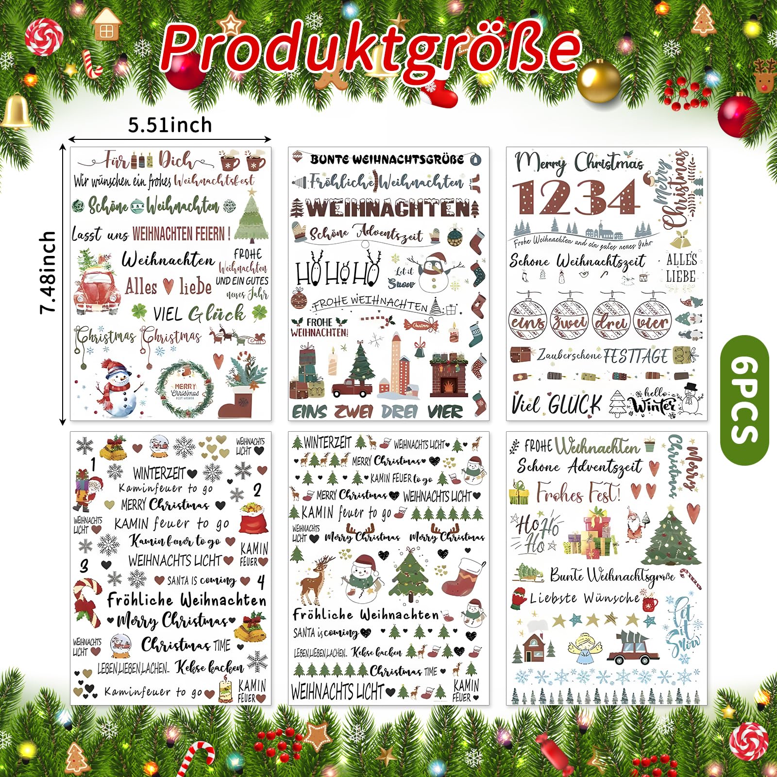 KSKSPE Pack of 6 Christmas Candle Tattoos, Candle Stickers, 14 x 19 cm, Candle Tattoo Christmas - Image 2