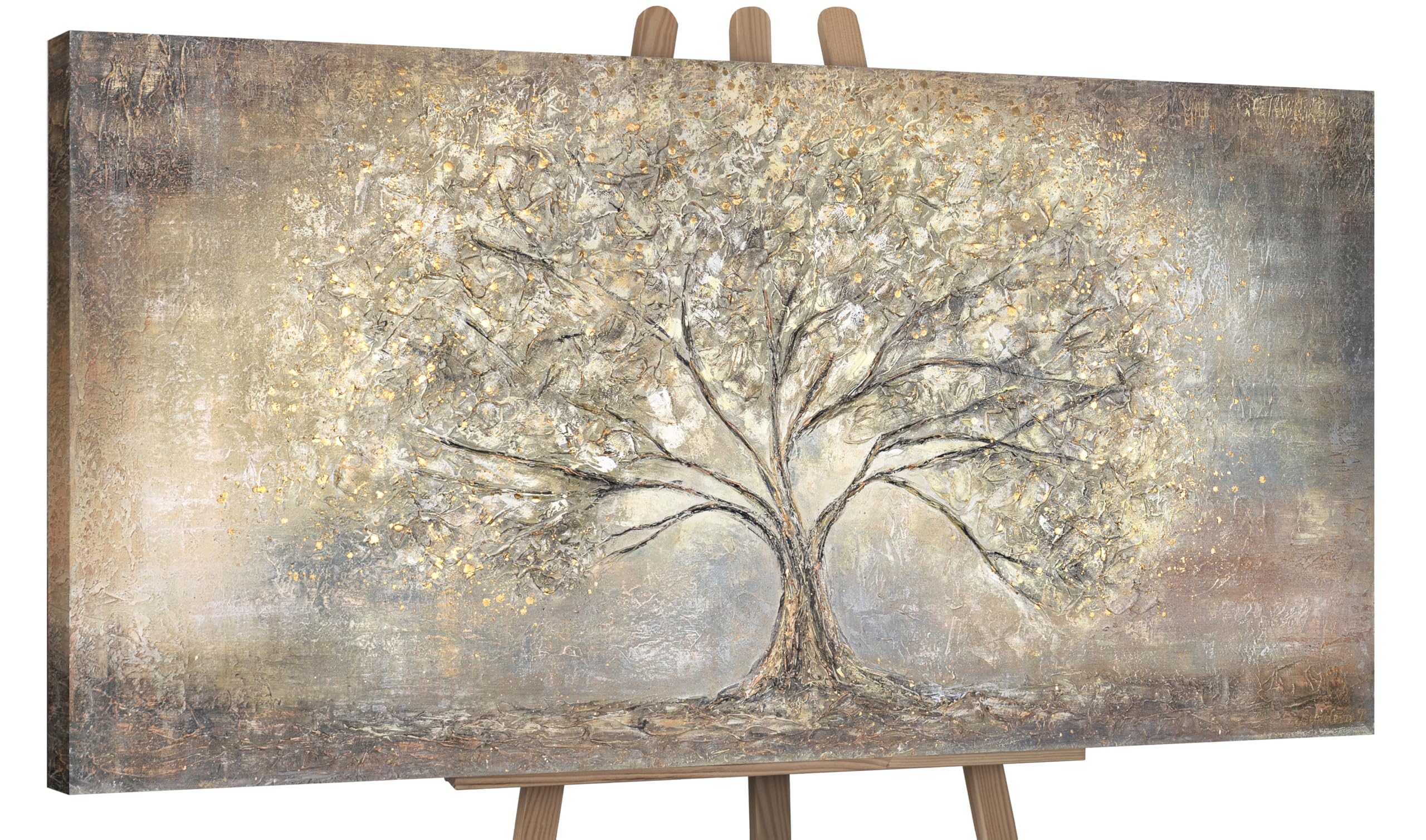 Ys With Stretcher Frame -Art Original Handmade Painting Gold Tree Of Life Abstract, Textured Acrylic Artwork Of Forests Scenes, Classic Large Wall Decor 63X32 Inch