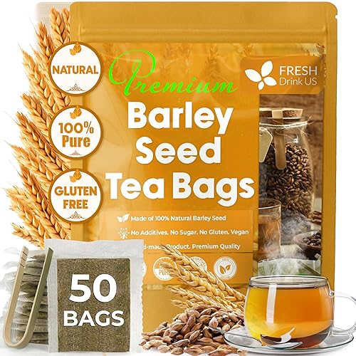 FreshDrinkUS 50 bolsas de té de cebada premium, 100% natural y puro. Té de hierbas de cebada suelta. Fabricado con bolsas de té de material natural.