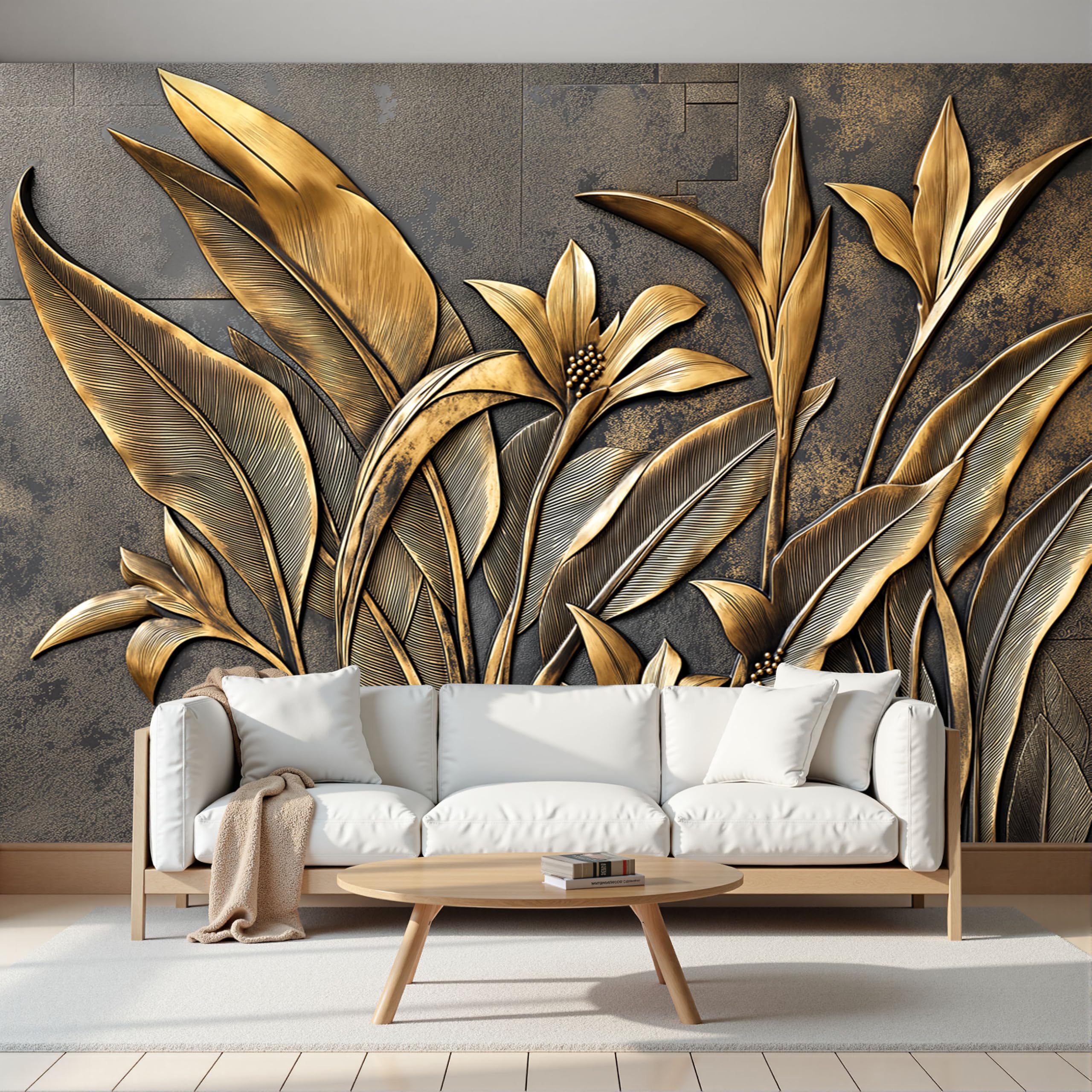 Papier peint panoramique salon canapé design feuilles tropicales 200X140Cm