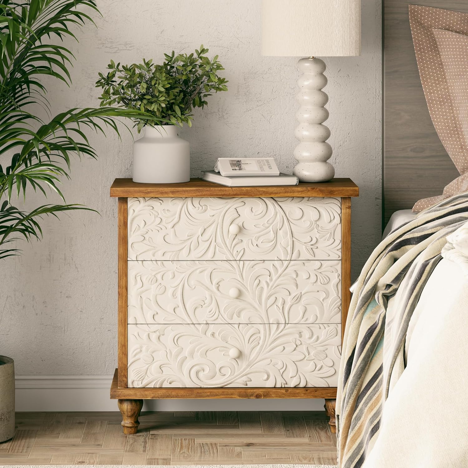LONYKE 3 Drawer Farmhouse Dresser with Embossed Weathered Flower Motif, Vintage Nightstand for Bedroom, Almost Fully-Assembled, Boho, Natural Wood, White,