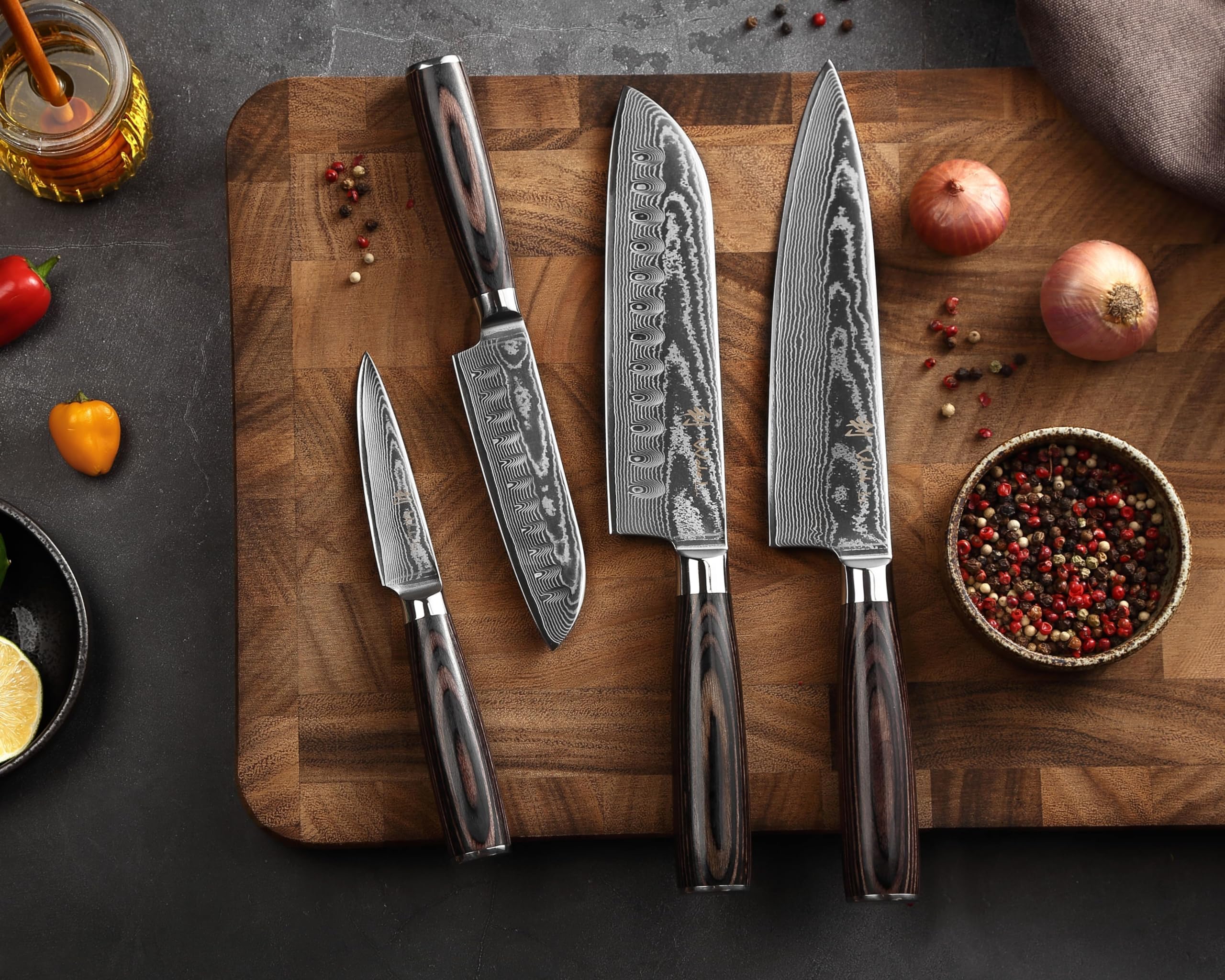 Wakoli EDIB Essentials Scharfes Damast Küchenmesser Messerset - Chefmesser, Santoku & Gemüsemesser - Kochmesser aus 67 Lagen Damaststahl VG10 Kern 60±1 HRC - Pakkaholzgriff - Küchen Messer in Holzbox