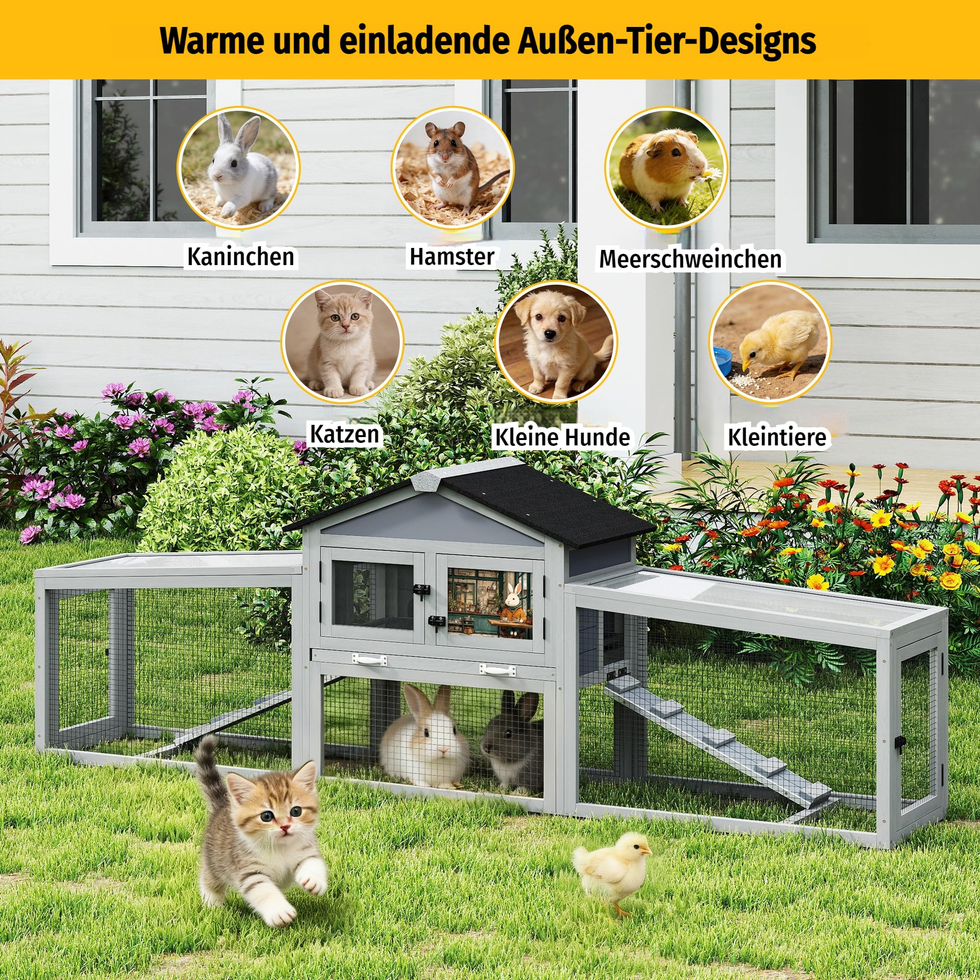 Großes Kaninchenhaus 207x47x82 cm mit Freilaufgehege und wetterfestem Unterschlupf, zweistöckiger Stall aus Fichtenholz für Kaninchen & Kleintiere