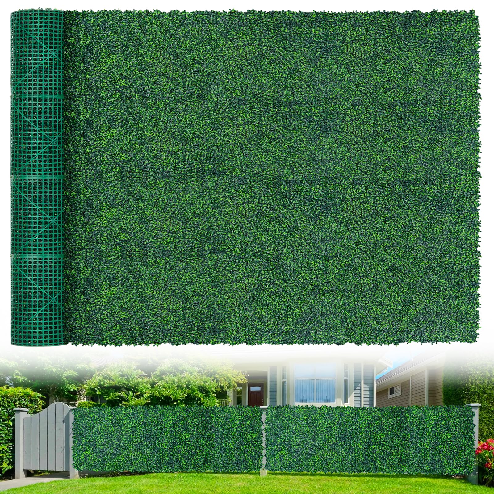Artificial Boxwood Roll Panels,71"x 126"(62 sq.ft) UV-Anti Faux Ivy Leaves Privacy Fence Screen Grass Wall Roll Panels for Indoor Home Decor and Outdoor Garden Backyard