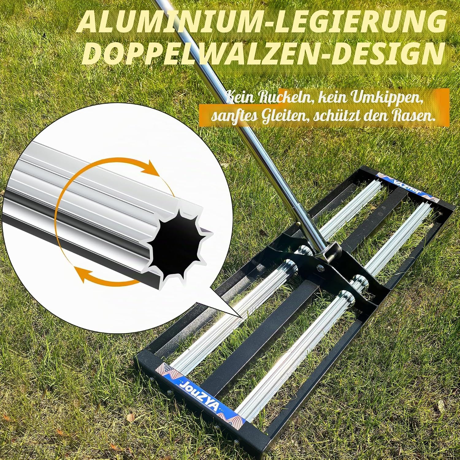 Rasen-Nivellierrechen Edelstahl mit Alurolle | Lawn Leveling Rake with Stainless Steel Head & Adjustable Handle for Lawn Care, Soil Sand Leveling, 76,2 cm