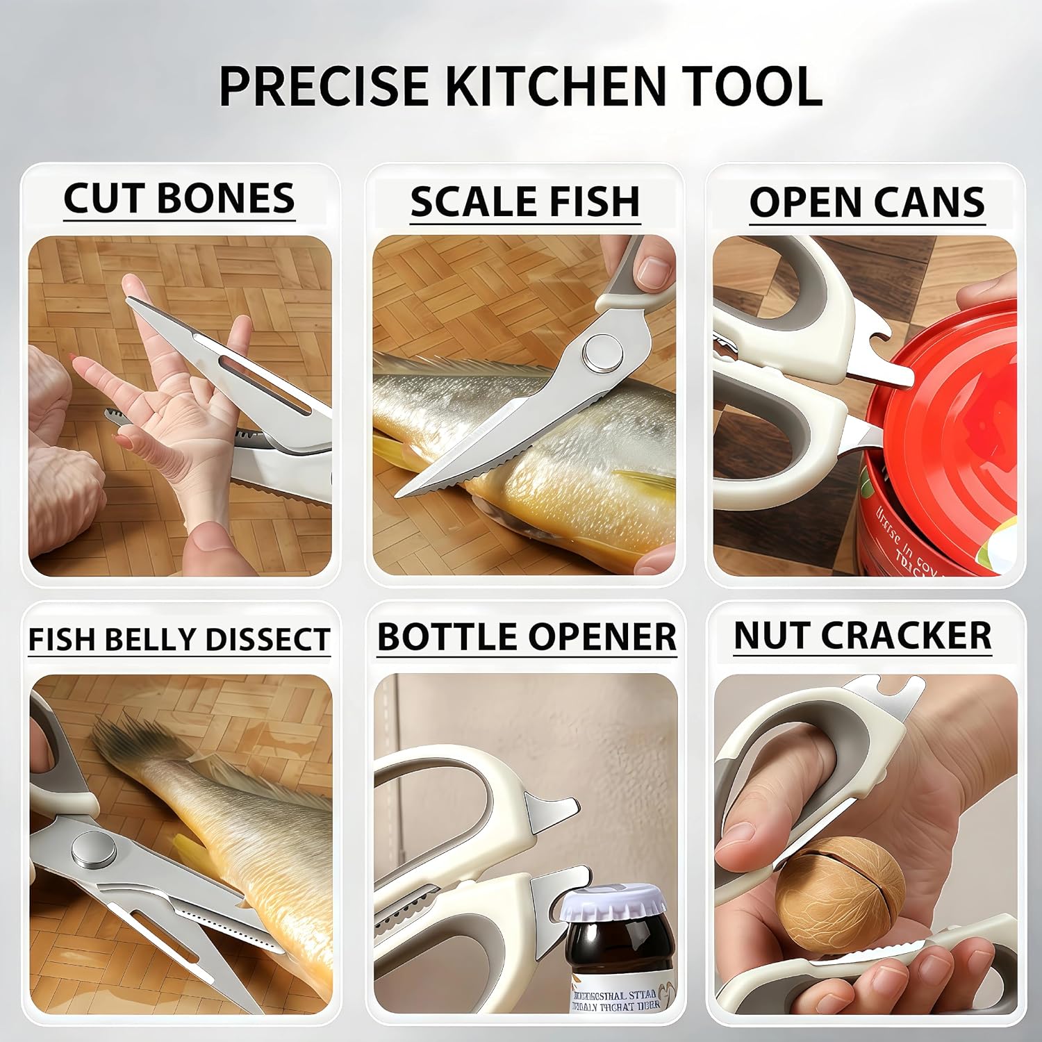 Kitchen Scissors - Stainless Steel Shear Rubber Handle with Storage Base, All-Purpose Detachable & Dishwasher Safe, Heavy Duty for Food, Fish, Meat, Bones and Vegetables, Cooking and BBQ(Cream) image 3