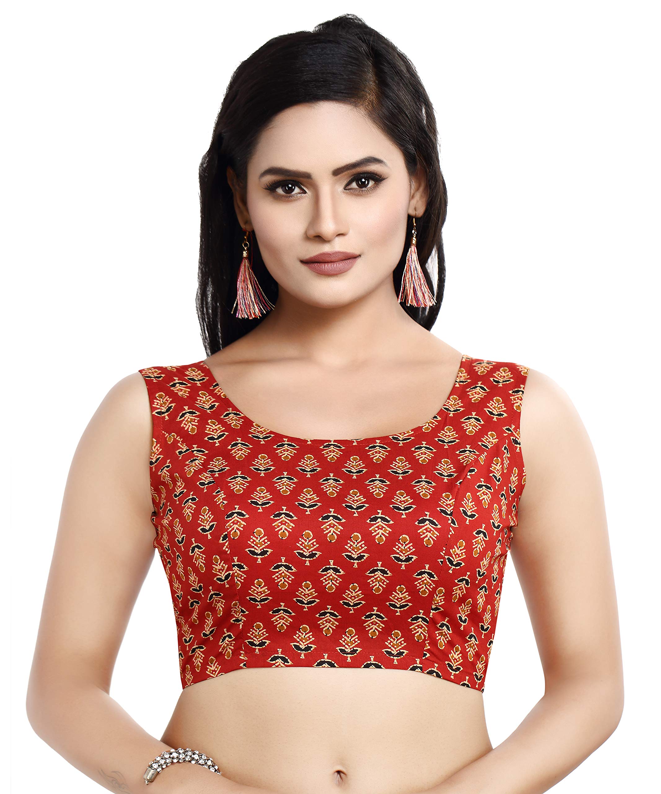 madhu fashion Womens Pure Cotton Floral Print Sleeveless Readymade Saree Blouse-picture-3