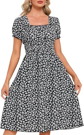 Womens 2026 Summer Boho Floral Midi Dress Casual Square Neck Puff Sleeve A Line Dresses with Pockets